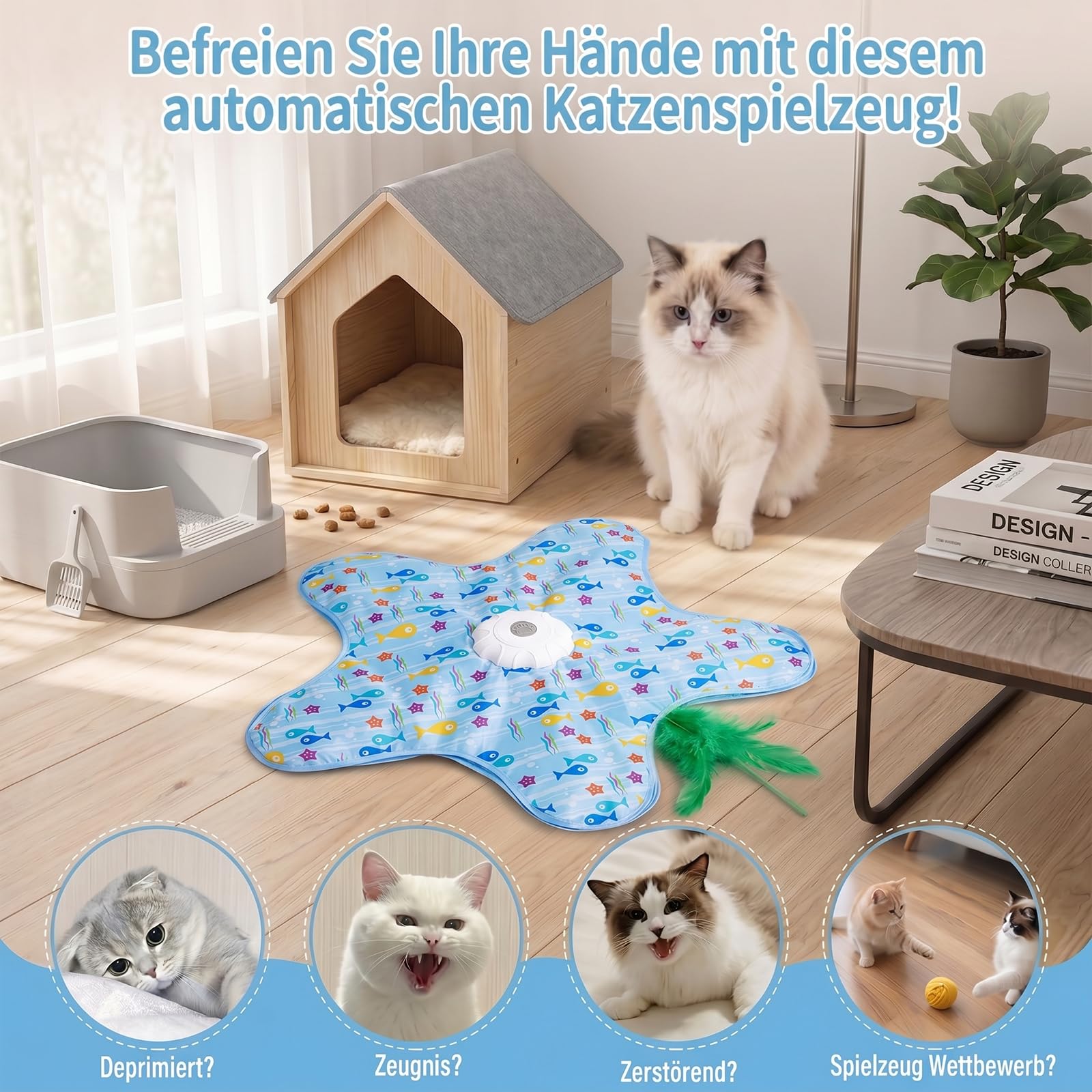 Interaktives Katzenspielzeug Selbstbeschäftigung, Katzenspielzeug Elektrisch mit Versteckspiel, Beweglicher Feder Quietschender Maus, Intelligentes interaktives Katzenspielzeug USB Wiederaufladbar
