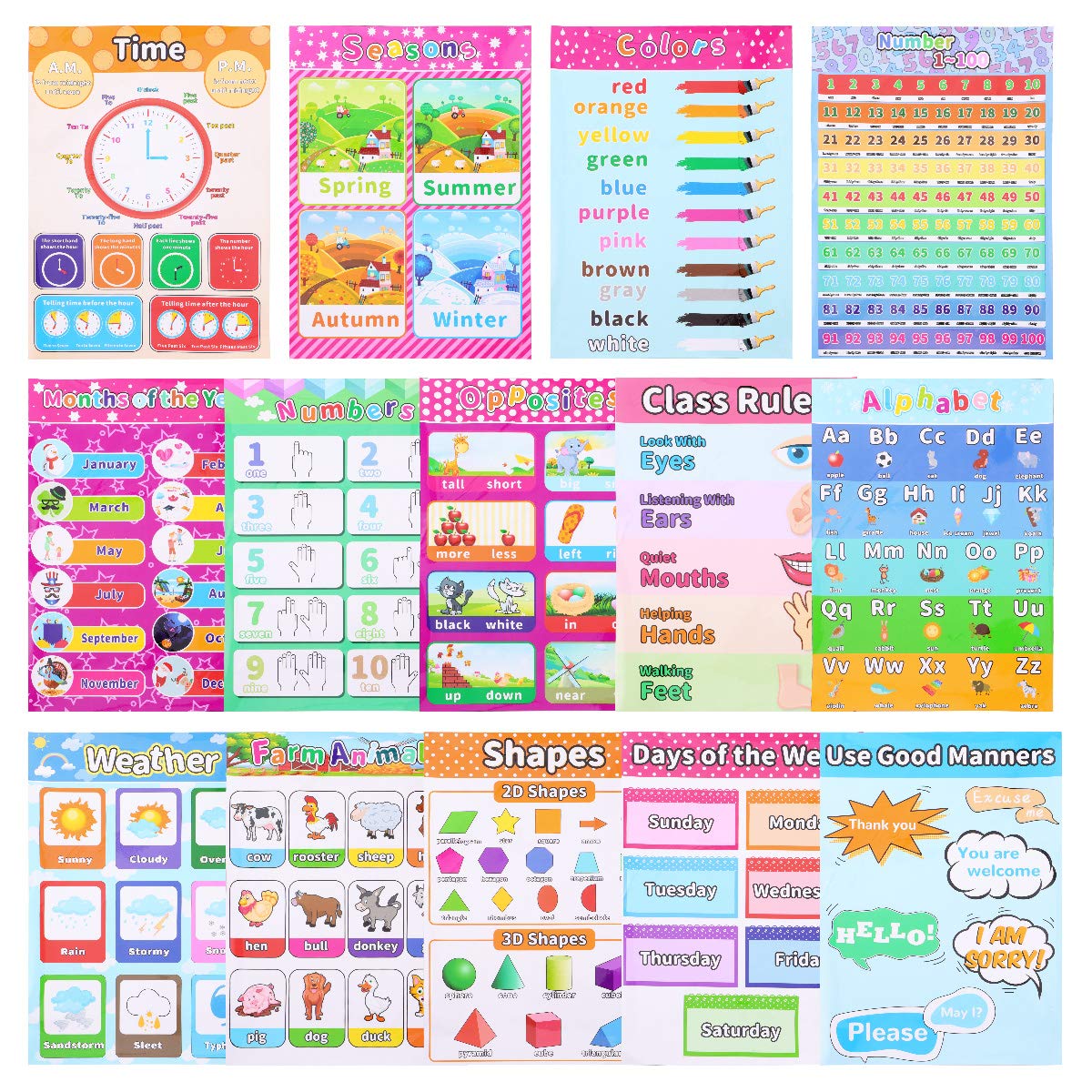 BESTonZON 14 Affiches Éducatives Murales en Papier Synthétique pour Maternelle, Cartes D'éveil en Anglais 80 Points Adhésifs, Poster Éducatif Préscolaire Coloré pour Apprentissage Garçon