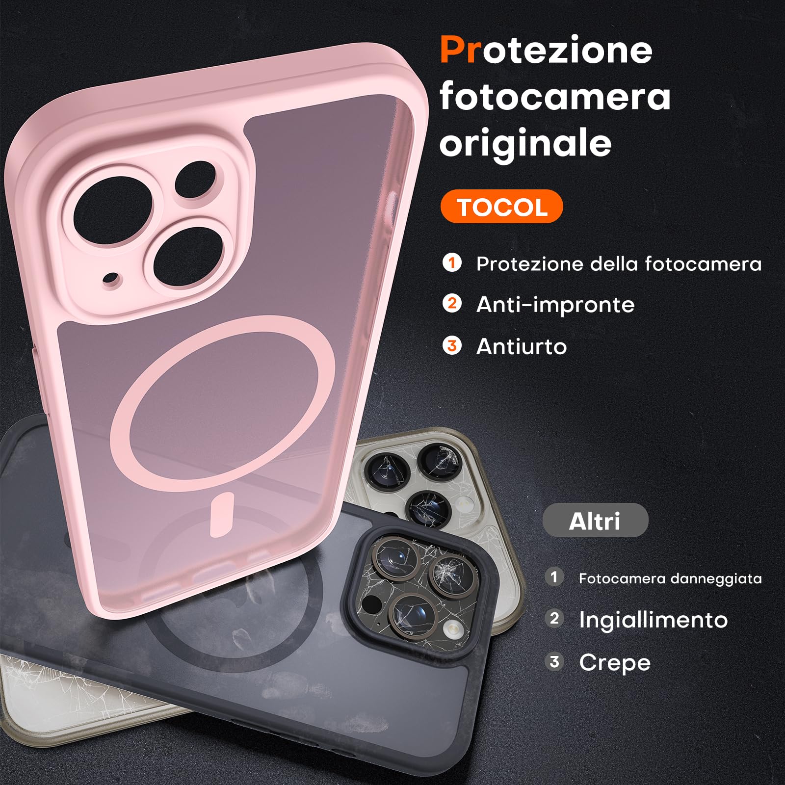 TOCOL Cover Magnetica per iPhone 13 6,1 Pollic, Compatibile con MagSafe, Protezione Fotocamera Integrata, Custodia Antiurto Traslucida Opaca, Rosa Chiaro