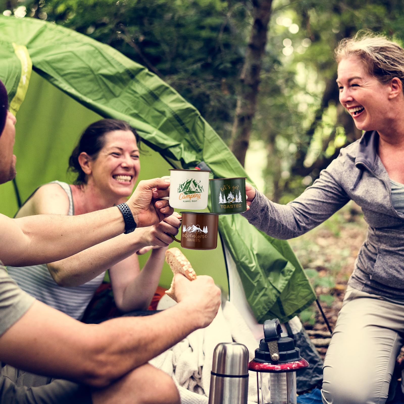 Maxcheck Emaille-Camping-Tassen, Kaffeebecher, Geschenk, 425 ml, Motiv: Happy Camper, Lagerfeuer, Teetassen, 3 Stile, Reise-Camping-Tassen, 6 Stück, für Trinken, Outdoor-Paare, Keramikbecher,