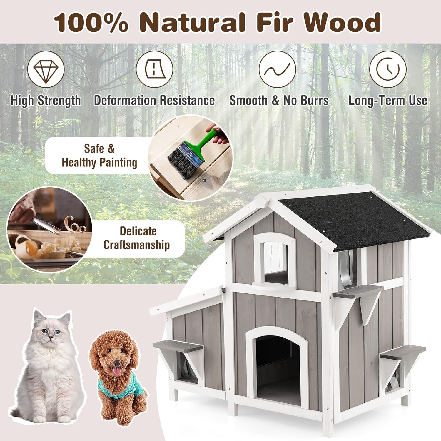 review PETSITE 2-Story Outdoor Cat House, Wooden Feral Cat House W/Escape Doors, PVC Curtains, Weatherproof Asphalt Roof, Decorative Flower Box, Outdoor & Indoor Kitten Shelter for Balcony, Home, Patio