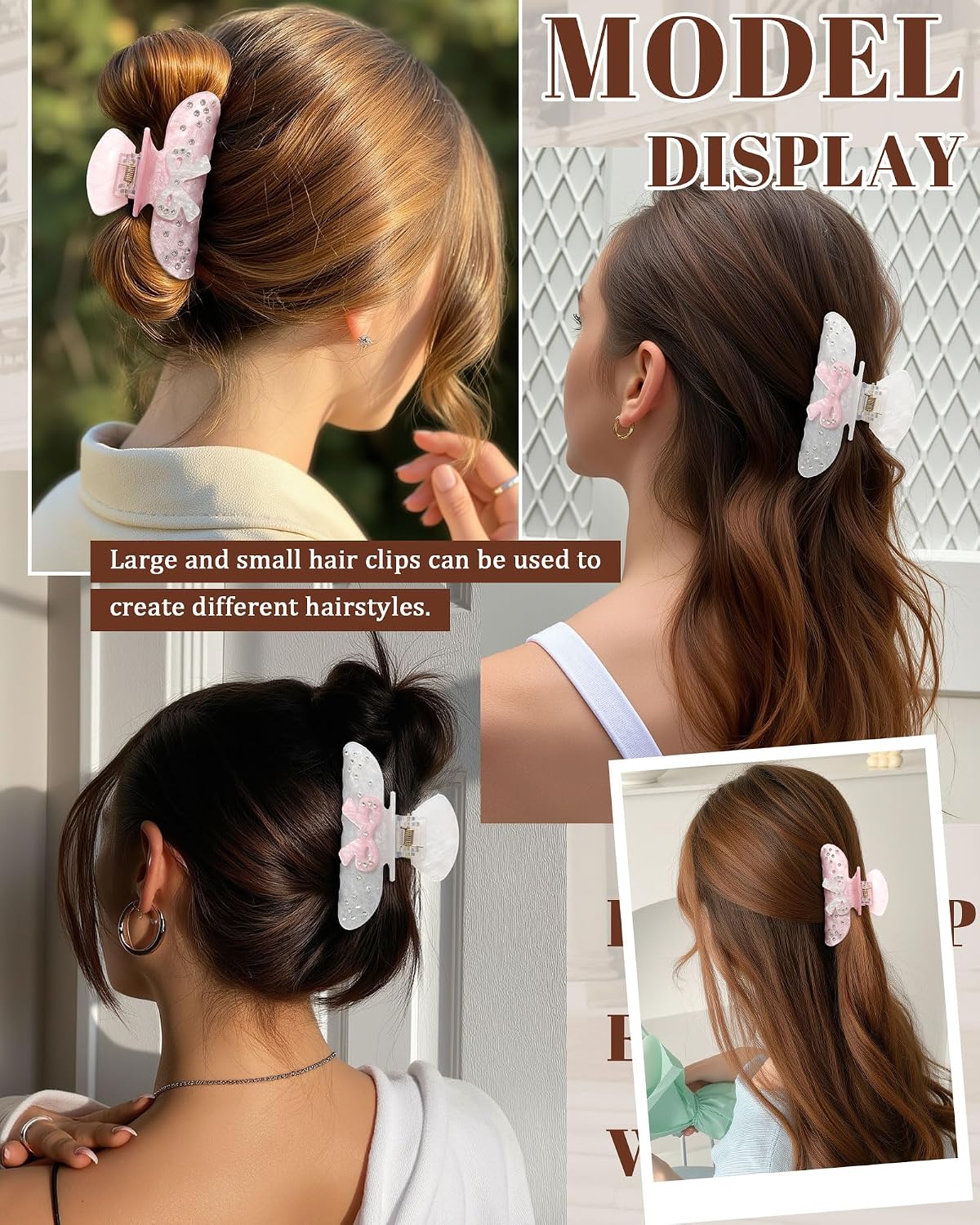 2 PCS Acrylic Hair Claw Clips for Women Bow Strong Hold Claw Clips Medium Non-slip Cute Hair Clips for Thick Thin Hair（White + Pink）