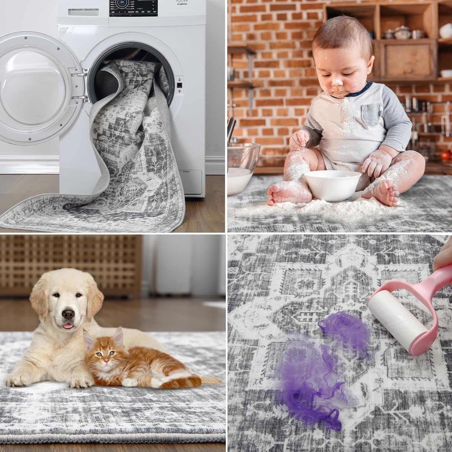 FairOnly Washable Area Rug 4x6 Vintage Throw Rug Boho Living Room Rug Non-Slip Nursery Rug for Bedroom,Low-Pile Carpet Print Distressed Entryway Rug for Laundry Dining Room Office Hall