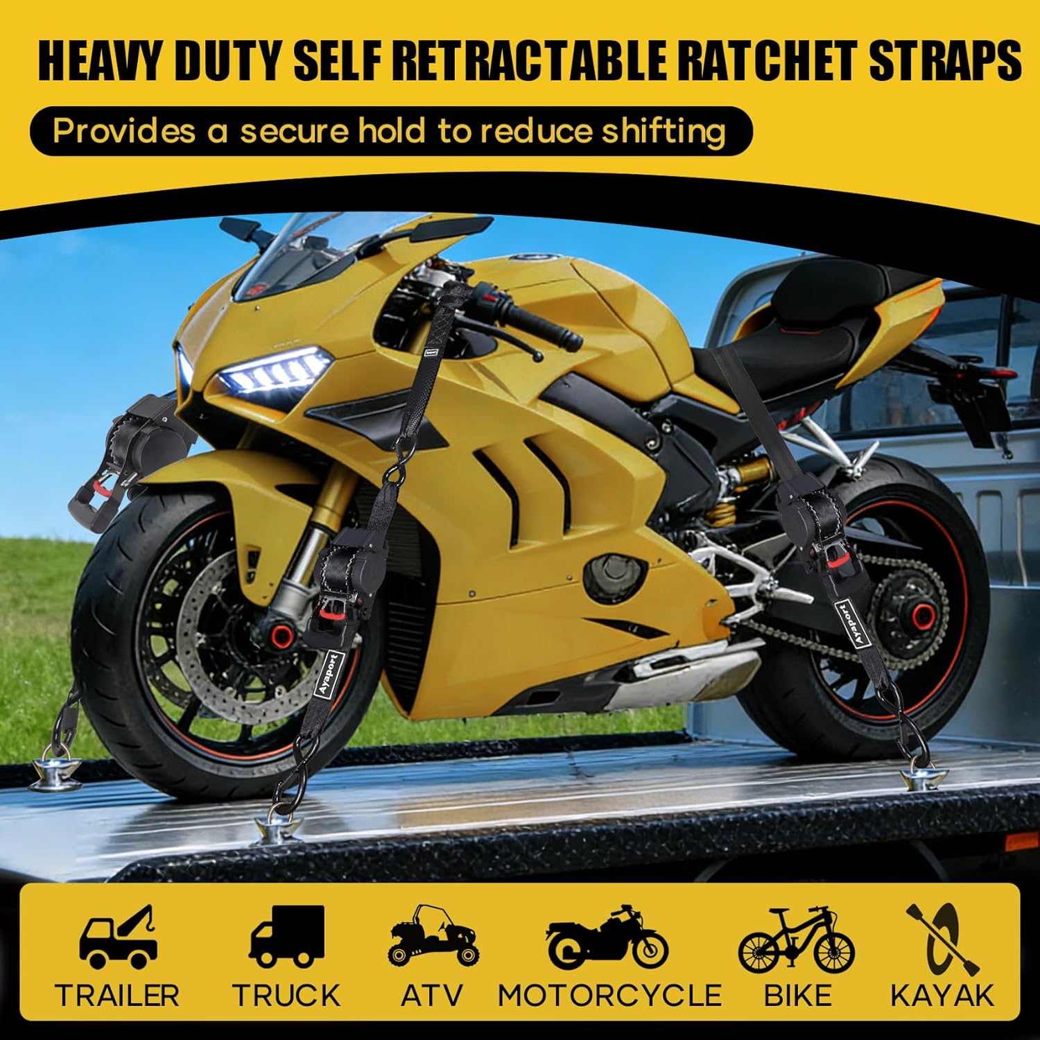 Ayaport Retractable Ratchet Straps 1.75in X 10ft, 4400lbs Break Strength, Heavy Duty Ratchet Straps Self RetractableTie Down Straps with Hook & Soft Loops for Motorcycle, Cargo Trailer, Truck, 2PK - Image 5