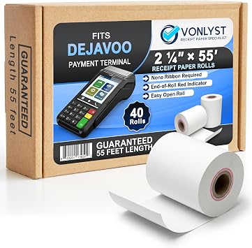 Thermal Receipt Paper Rolls for Dejavoo Z8 Z9 Z11 P1 P3 P8 QD1 QD2 QD4 QD5 2 1/4 x 55 BPA Free Credit Card Machine & POS Printer Paper with Red End Warning Stripe 40 Pack