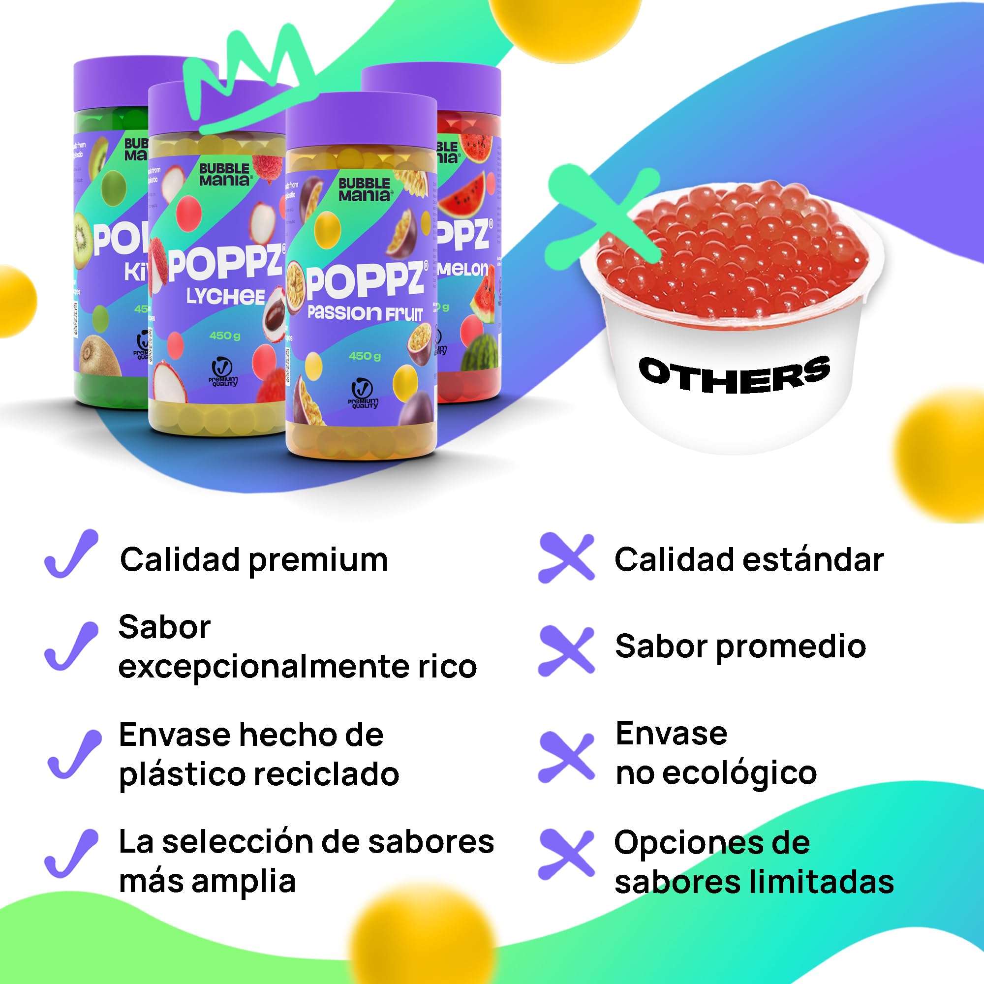 BubbleMania Set de Bubble Tea Boba Popping Perlas de Tapioca 4 Paquete Maracuyá Lichi Kiwi Sandía