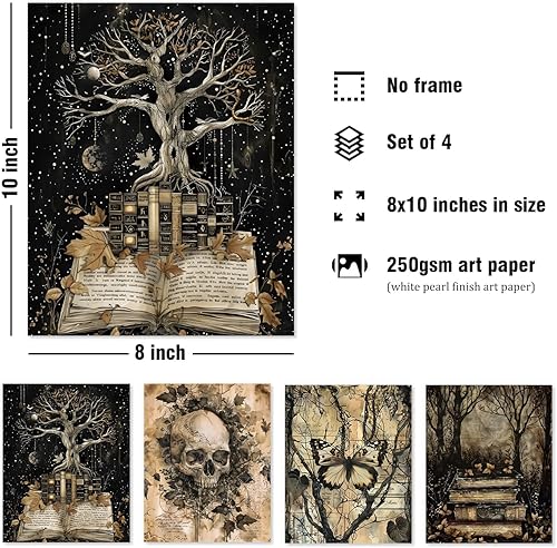 Miniatura 2 de WXHUM Juego de 4 impresiones artísticas de pared de libro de esqueleto gótico, mariposa, vintage, oscuro, academia, Halloween, calavera,