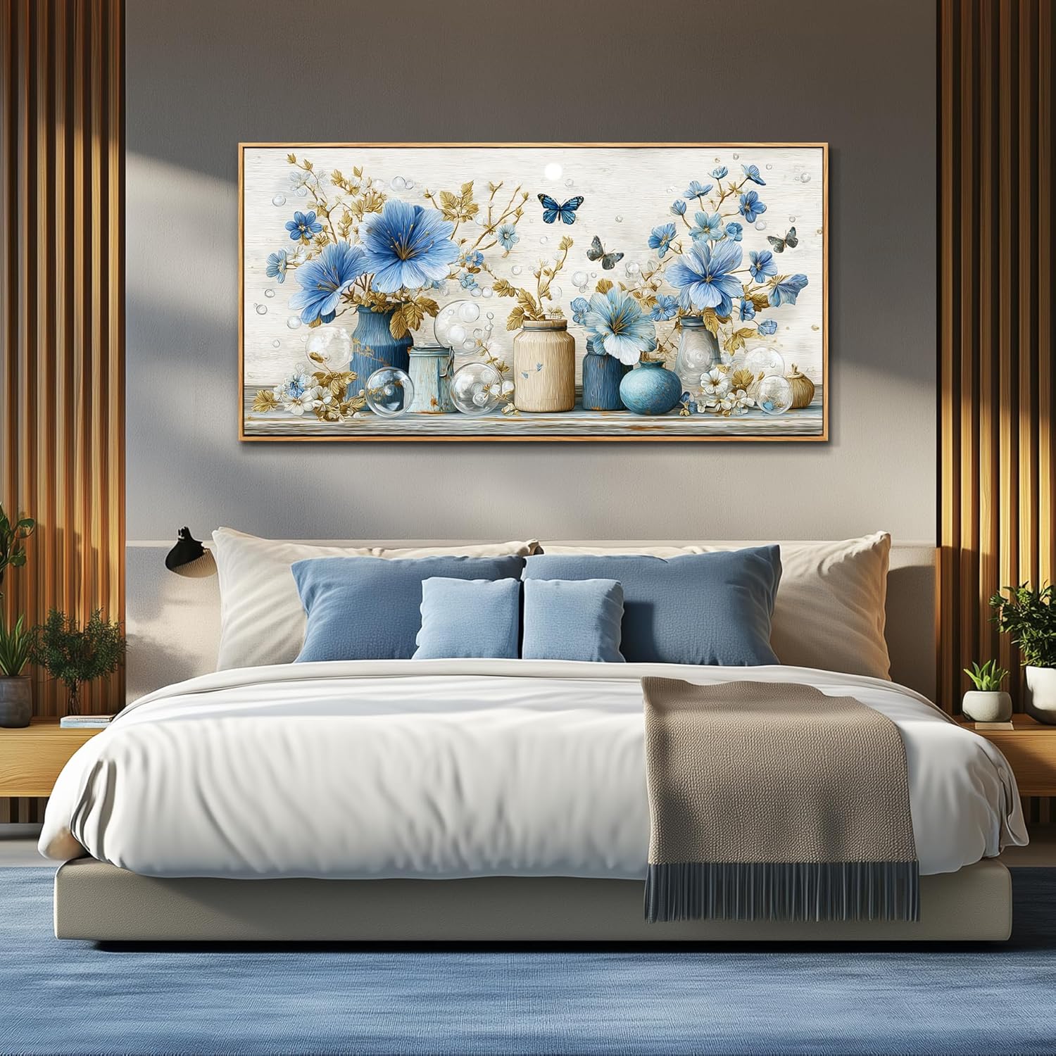 VXMXFTE Floral Canvas Painting Wall Decor For Living Room Floral Butterfly Pattern Blue And Gold Abstract Painting Printed Art Piece Homes Decor Restaurants Bedroom Aesthetics 20" X 40" Wood Frame