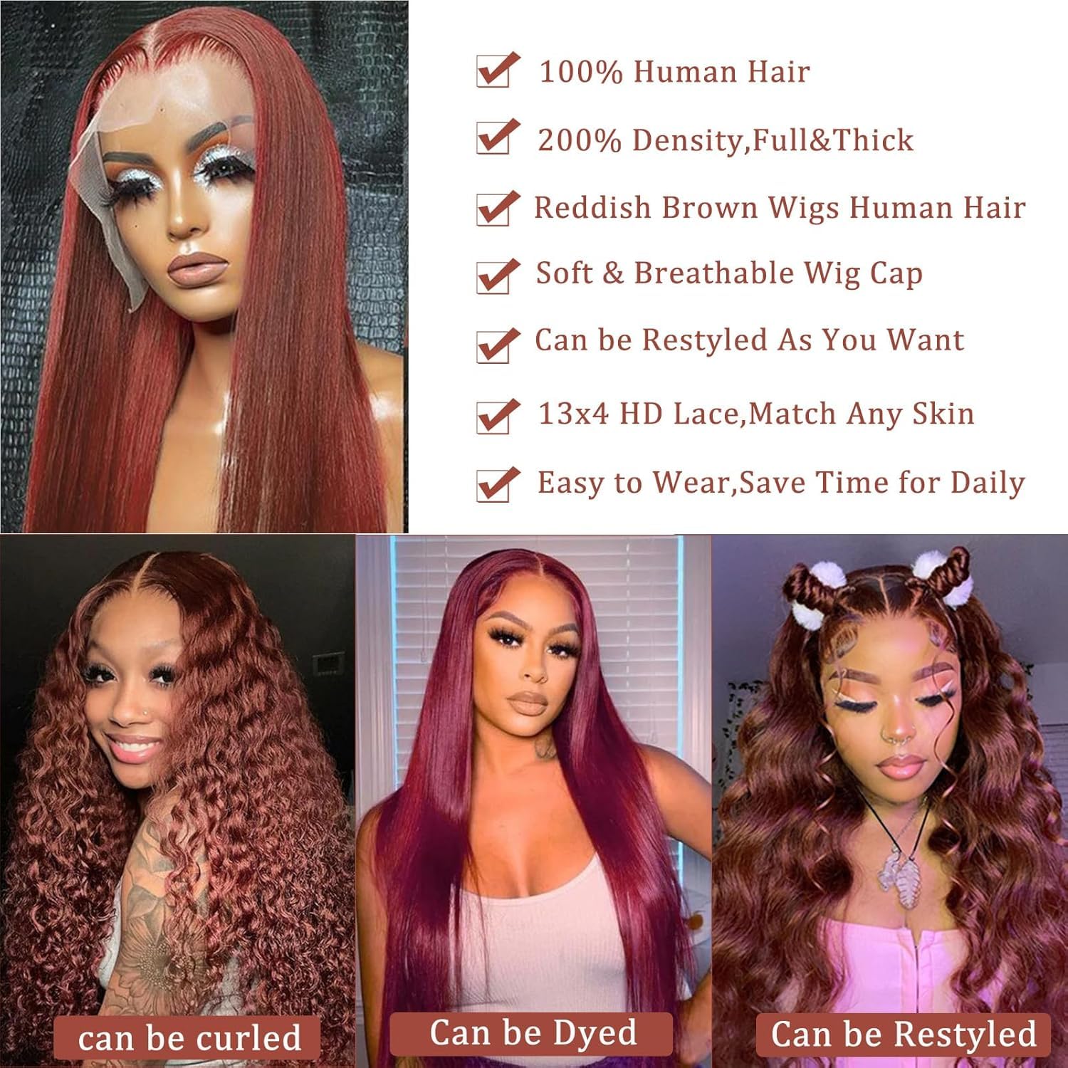 BAIICS Reddish Brown 13x4 Lace Front Wigs Human Hair Pre Plucked Silk Straight 13x4 HD Lace Frontal Wig for Women Auburn Brown Colored Straight Wigs Human Hair 26 Inch