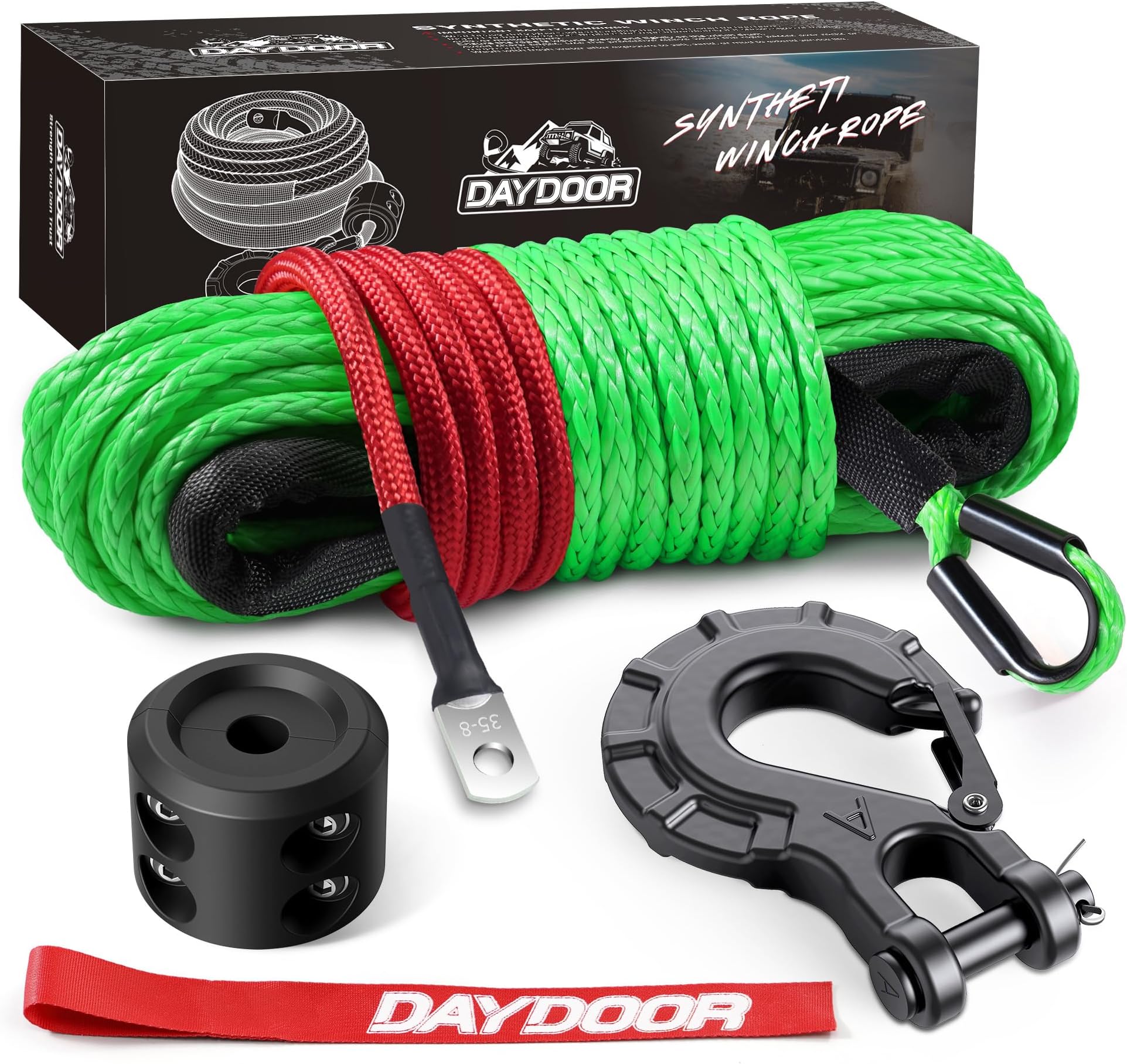 DAYDOOR Synthetic Winch Rope, 1/4in x 50ft 10,000Lbs, Green | Heavy Duty UHMWPE, Protective Sleeve, Forged Winch Hook, Safety Pull Strap, Rubber Stopper, for ATV, UTV, Offroad recovery