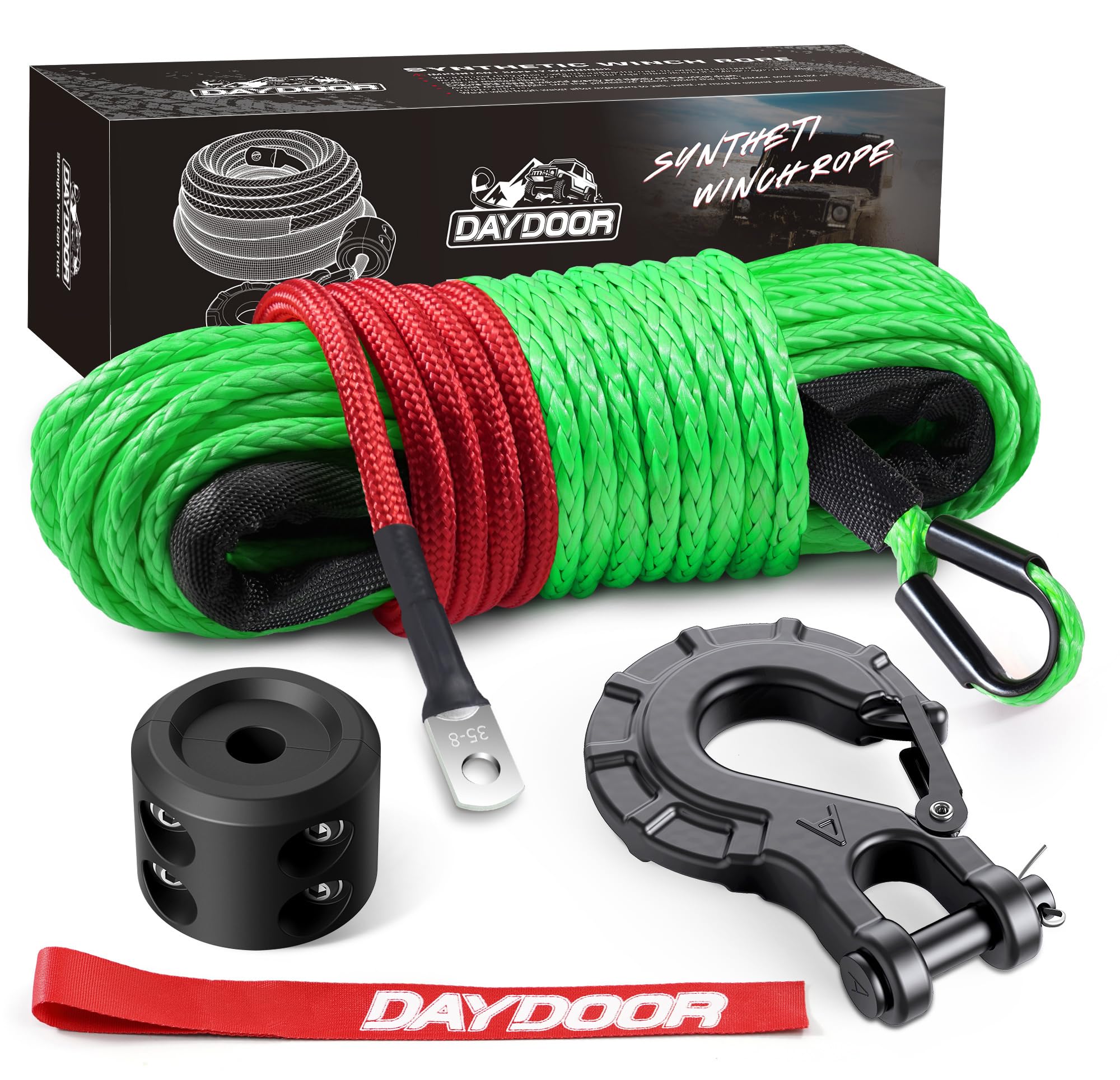 DAYDOOR Synthetic Winch Rope, 1/4in x 50ft 10,000Lbs, Green