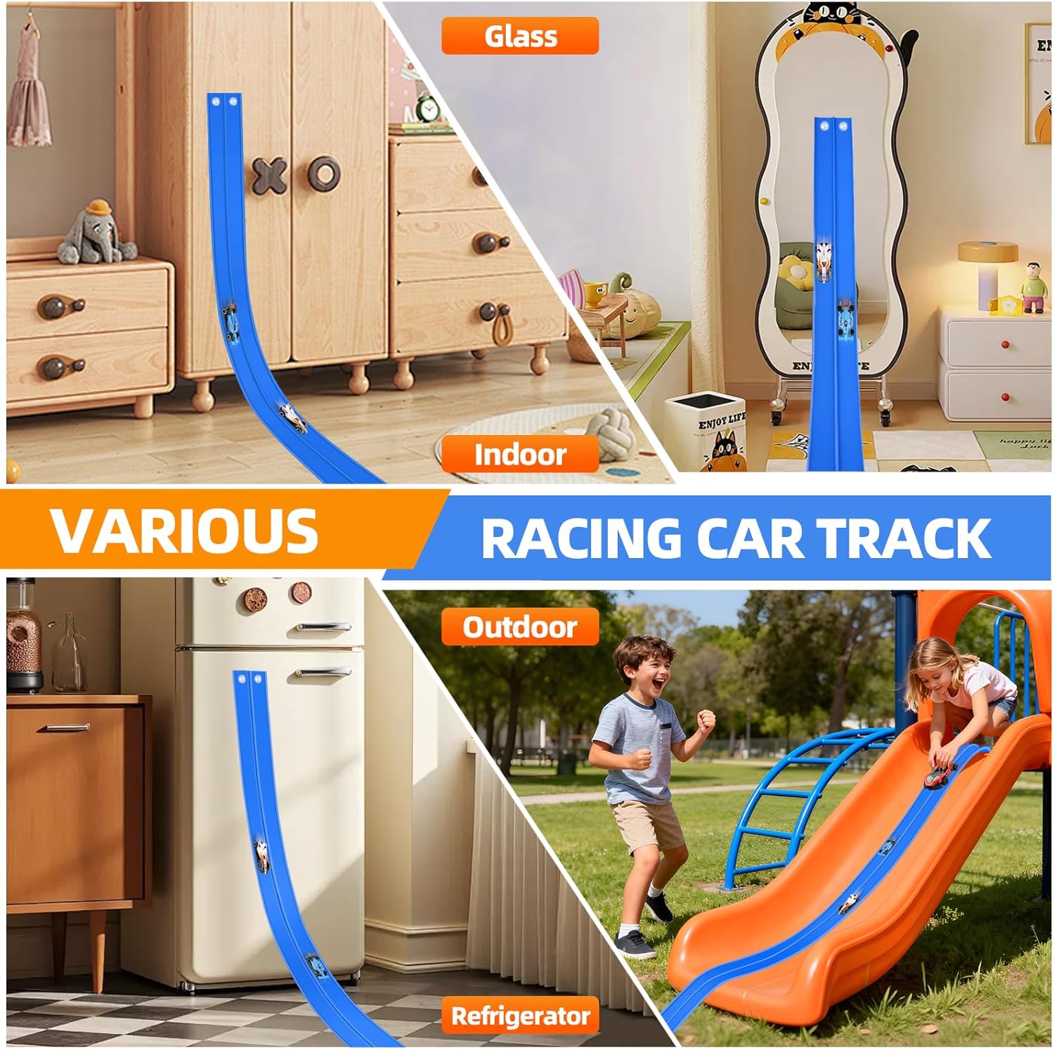 Flexible Race Car Track for Kids, 15Ft Race Track Toy with Suction Cups & 2 Alloy Cars & 3 Anchors, Compatible with Hot Wheels and Diecast 1/64th Cars for Ages 3 +, Rolls Up Portable Racetrack