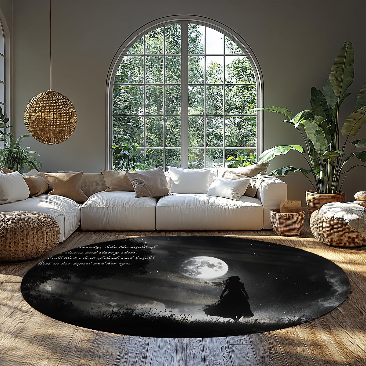 Tapis rond salon 240cm lavable doux motif silhouette de femme