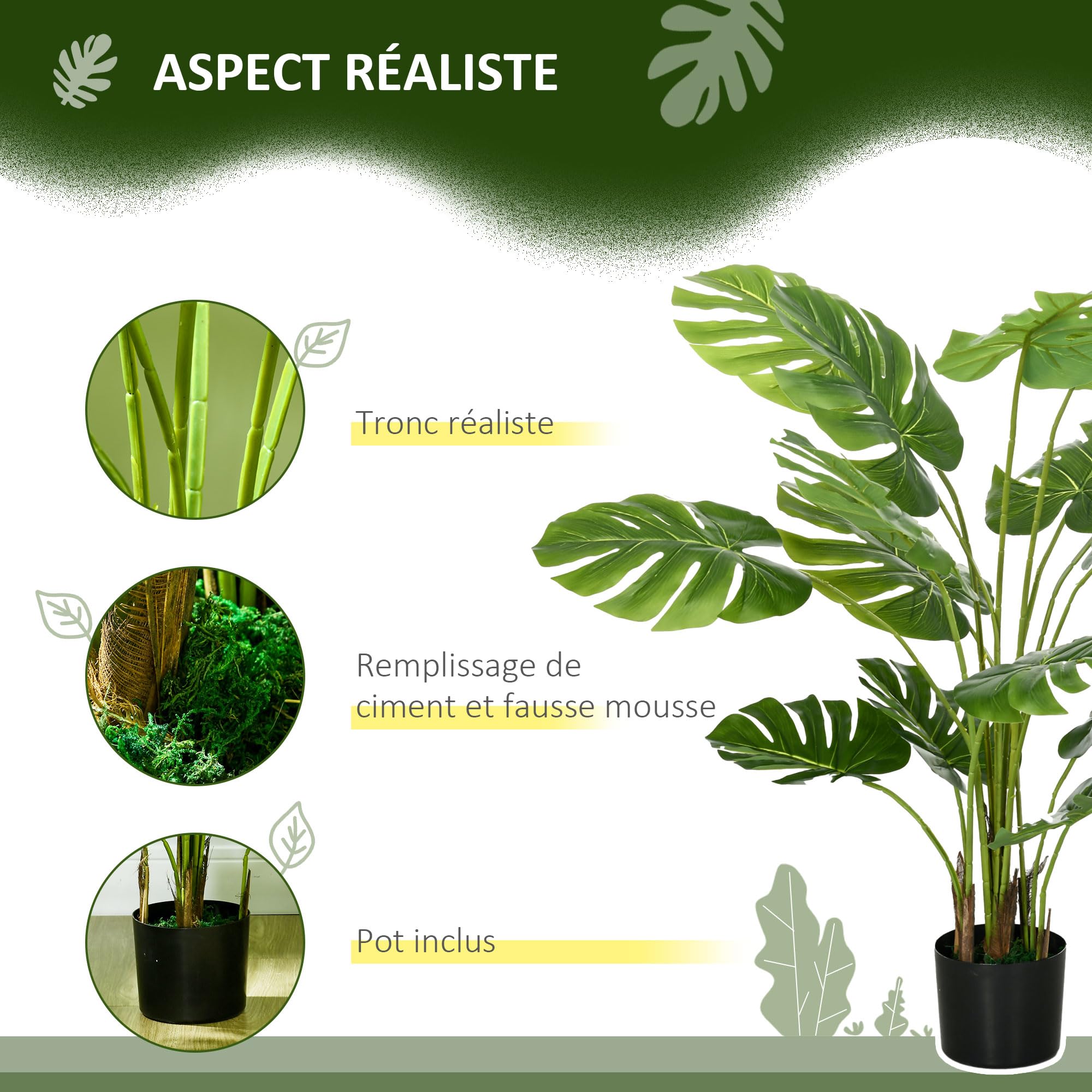 HOMCOM Arbre Artificiel Plante Artificielle Monstera Deliciosa 120 cm Vert