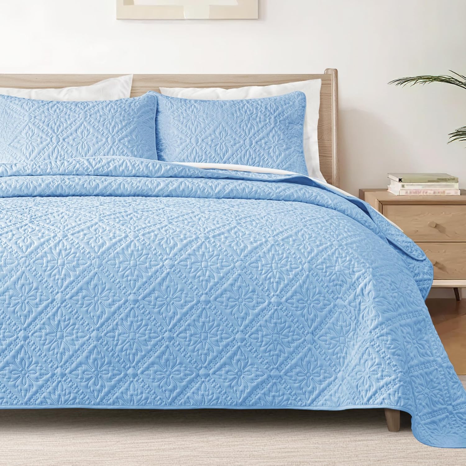 Exclusivo Mezcla Queen Quilt Bedding Set, Lightweight Soft Bedspreads Coverlets with 2 Pillow Shams, Modern Light Blue Quilts Queen Full Size for All Seasons