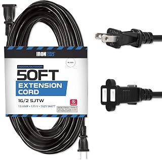 Iron Forge Cable 16 Gauge Medium Duty Black Extension Cord, 50 Ft - SJTW | 16/2 SJTW Cable, 2 Prong Polarized Plug, 13 Amp, Nickel-Coated Blades - For Landscaping, Leaf Blowers, Lawn Mowers, Tools