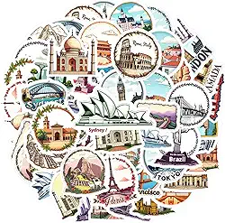 50 peças de marcos de viagem, turismo, arquitetura, marco cultural, adesivos de papelaria, adesivos de arquitetura artística, decalques para laptop, motocicleta, bagagem, telefone, laptop, bagagem