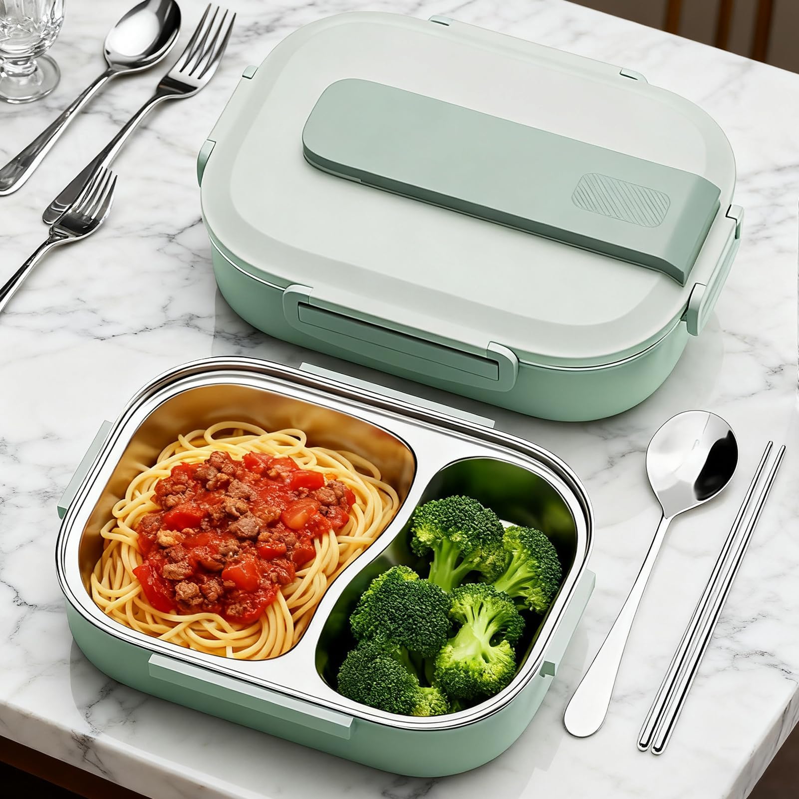 Thermo-Lunchbox – wiederverwendbare auslaufsichere Behälter aus Edelstahl mit Besteck-Set, versiegelte Lebensmittelaufbewahrung, Lunchbox für Büro, Studenten, Wanderer, Reisende