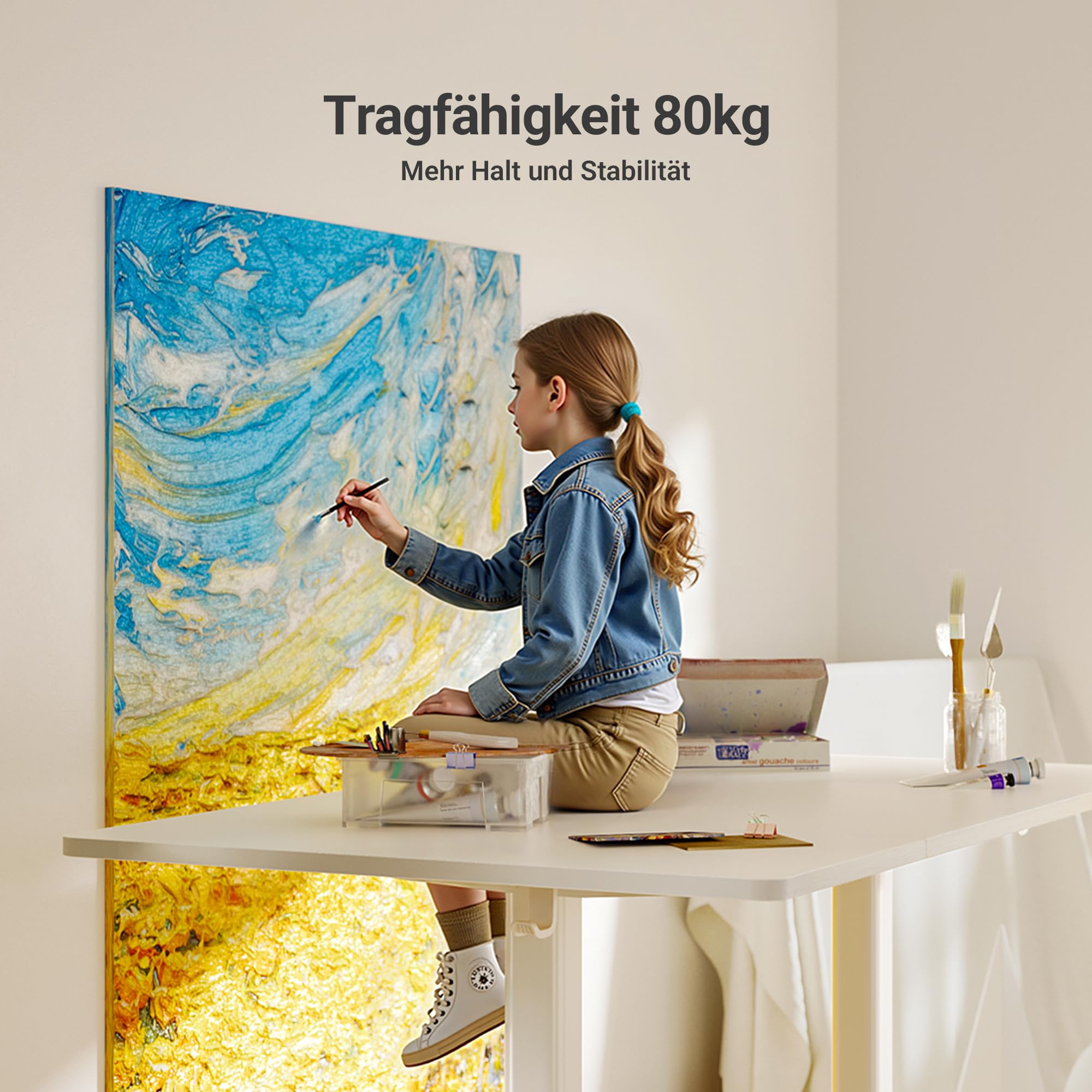 Claiks Höhenverstellbarer Schreibtisch 160 x 80 cm (FSC®), 80KG Tragkraft Schreibtisch Höhenverstellbar mit 2 Haken und 3 Memory-Funktion, Standing Desk mit Leiser Motor für Home Office, Weiß