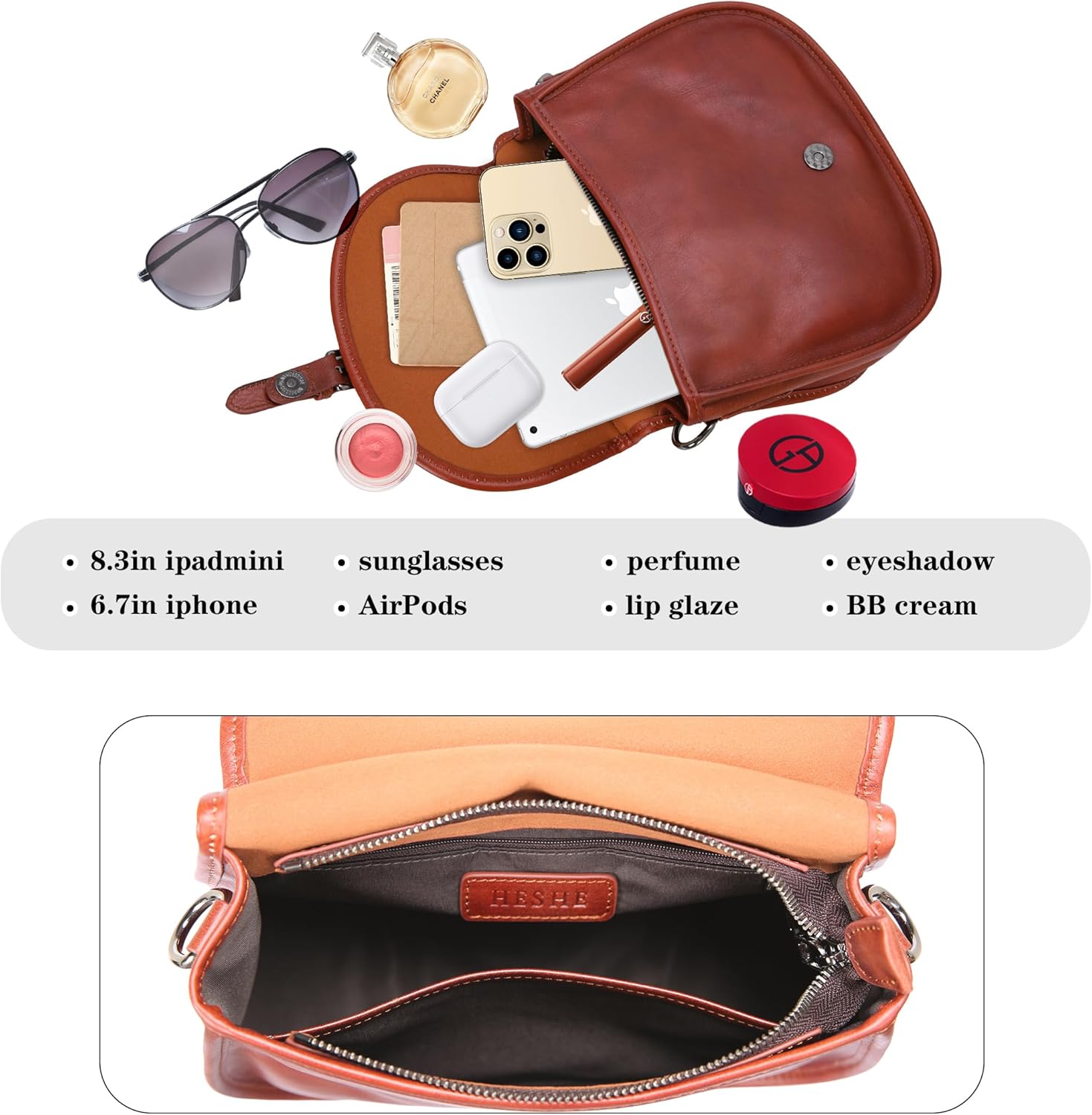 HESHE Leather Crossbody Bags for Women Designer Shoulder Purse Satchel Handbag Vintage Saddle Bag - Image 6