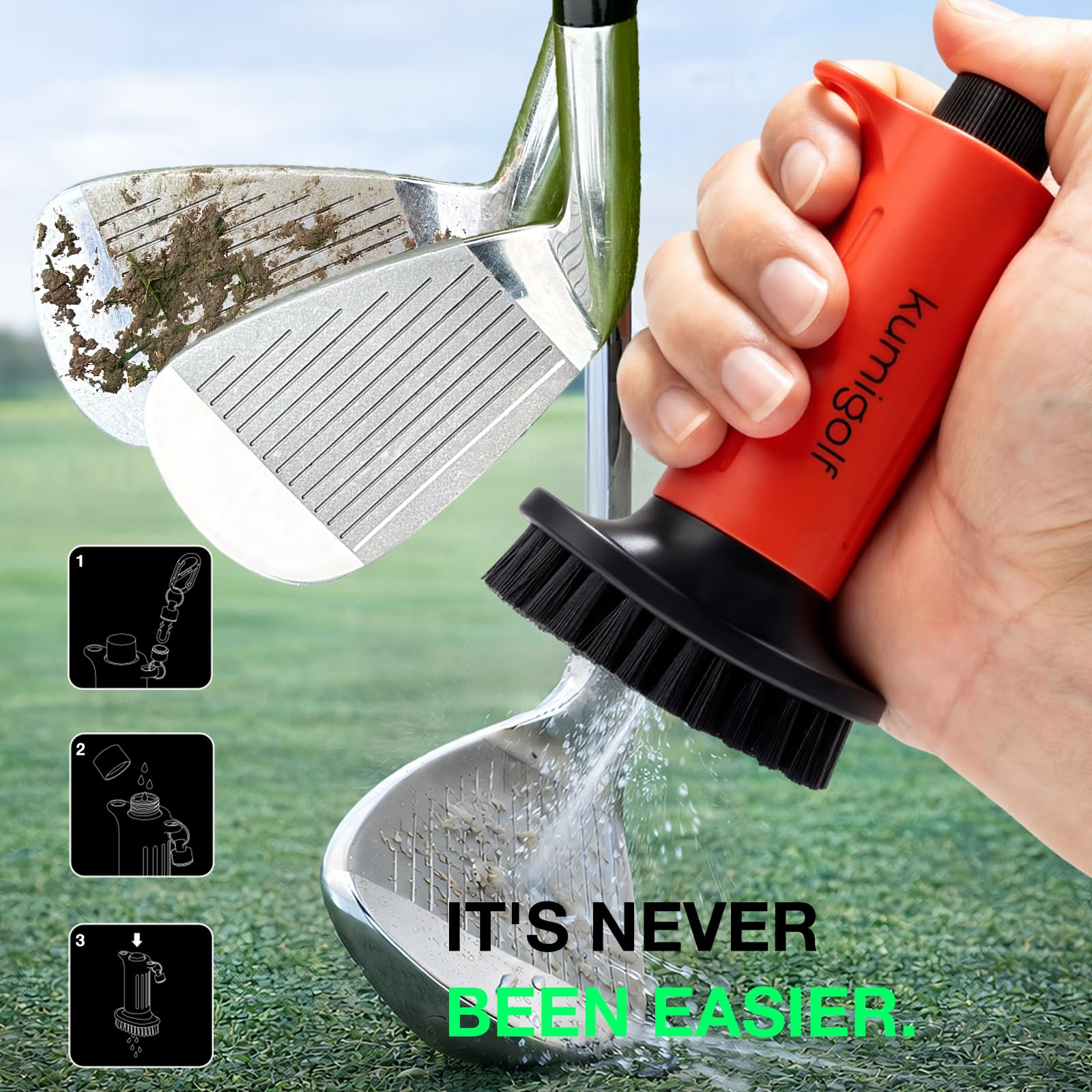 H3 szczotka do wody golfowej, funkcja spryskiwania i magnetyczne klipsy, szczotka do kijów golfowych, szczotka do czyszczenia klubu golfowego, wysokiej jakości i mocne włosie nylonowe do