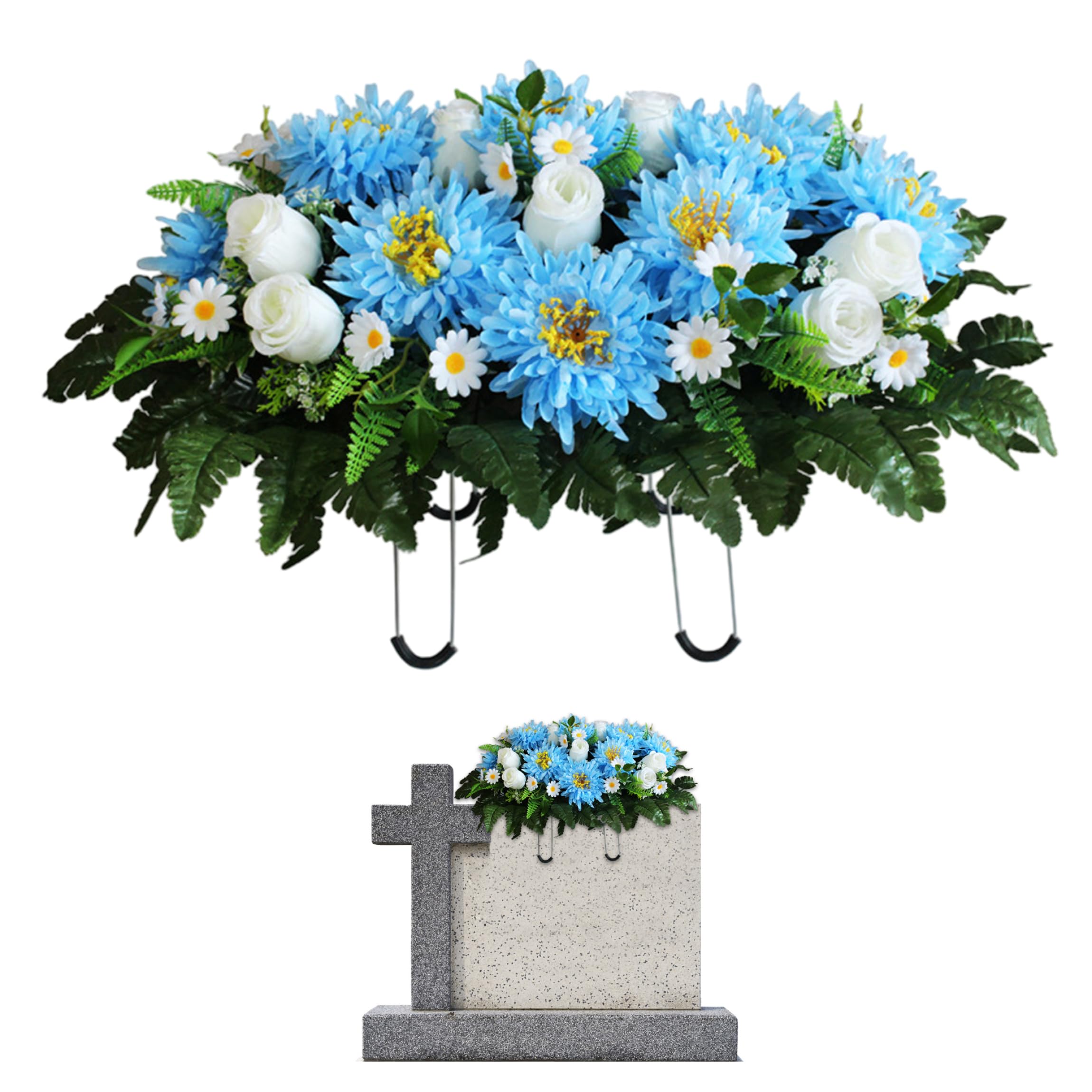 Tapallmy Headstone Flower Saddle Artificial Cemetery Flowers ideal for Grave Realistic Blue Chrysanthemum Tombstone Decorations