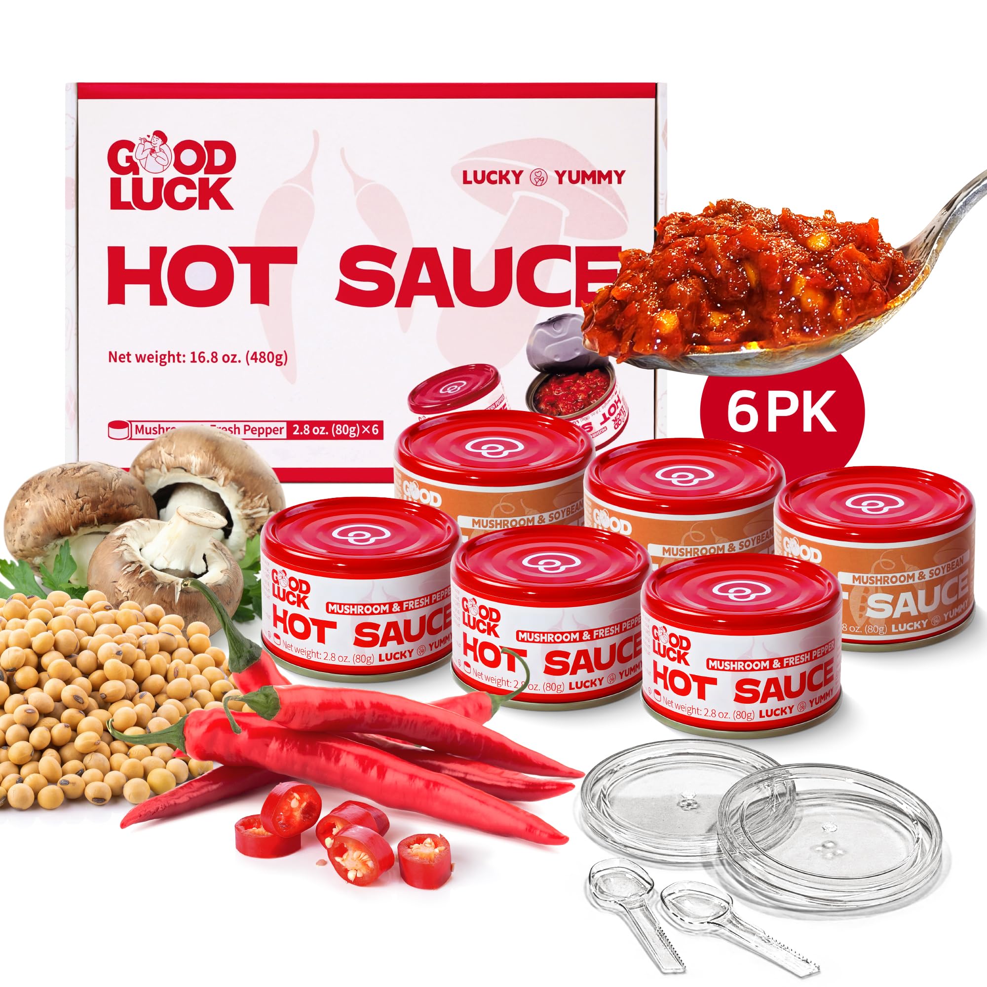 GOOD LUCK Mushroom Hot Sauce, Spicy Chili Oil and Chili Paste with High-Grade Instant Mushroom Sauce, Chopped Chili Sauce,Fresh Pepper,Soybean,Garlic,6 Cans