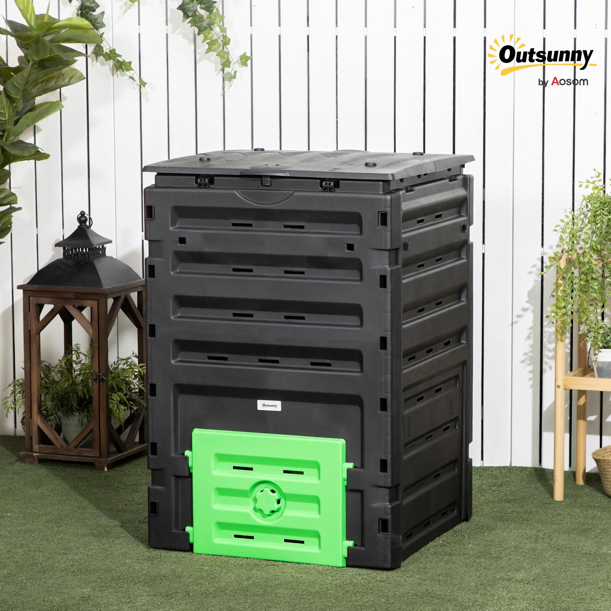 Outsunny Composteur de Jardin 450 L, bac composteur pour Jardin en polypropylène, 80 aérations et 2 Portes coulissantes, léger et Robuste, Noir