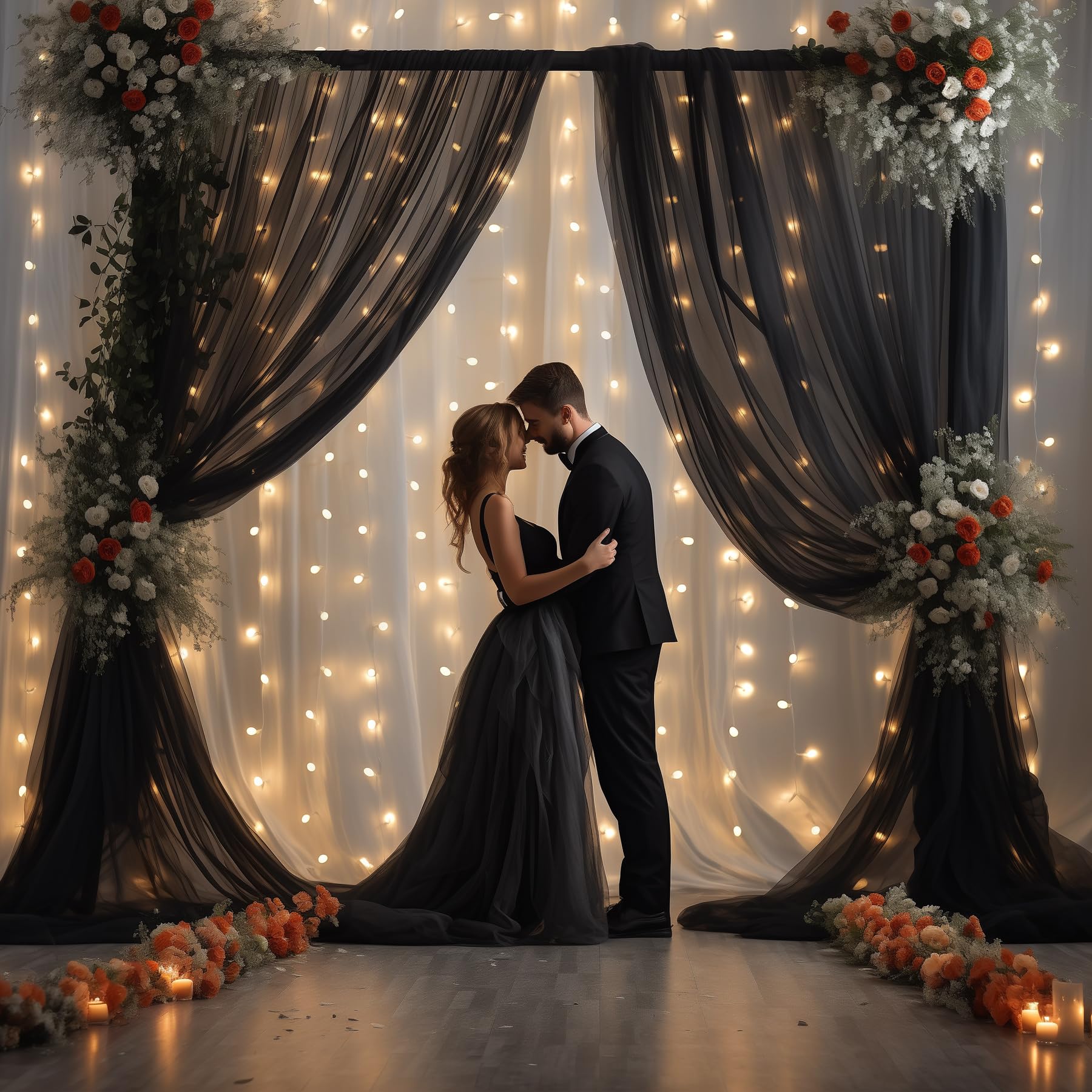30x8ft Black Tulle Backdrop Curtain with Lights String for Parites, Sheer Backdrop Curtains for Wedding Baby Shower Birthday Party Photo Shoot Decorations