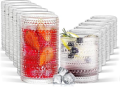 Miniatura 1 de Hobnail - Juego de 12 vasos de bebida vintage de 11.8 onzas y juego de vasos de cóctel de 10 onzas, tazas de vidrio en relieve para cocina, cerveza,