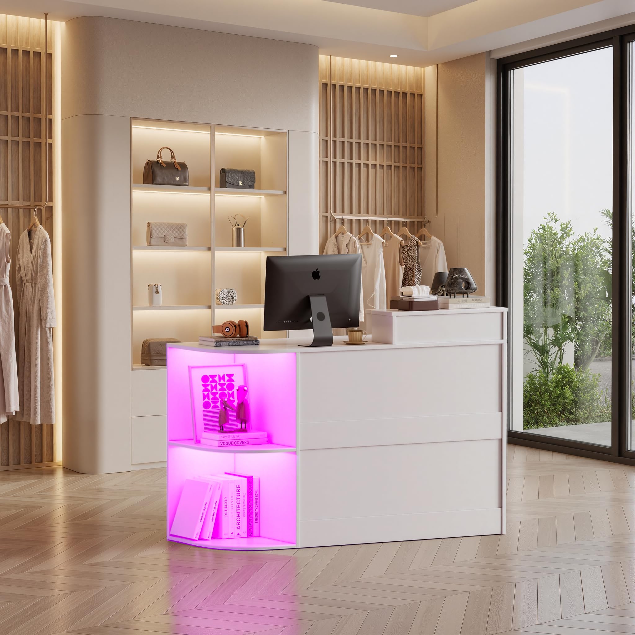 Mesita de recepción con iluminación LED, mostrador de recepción con cajones con cerradura, estante de exposición y bandeja para teclado, mesa de recepción moderna para salón, tienda, hotel, oficina