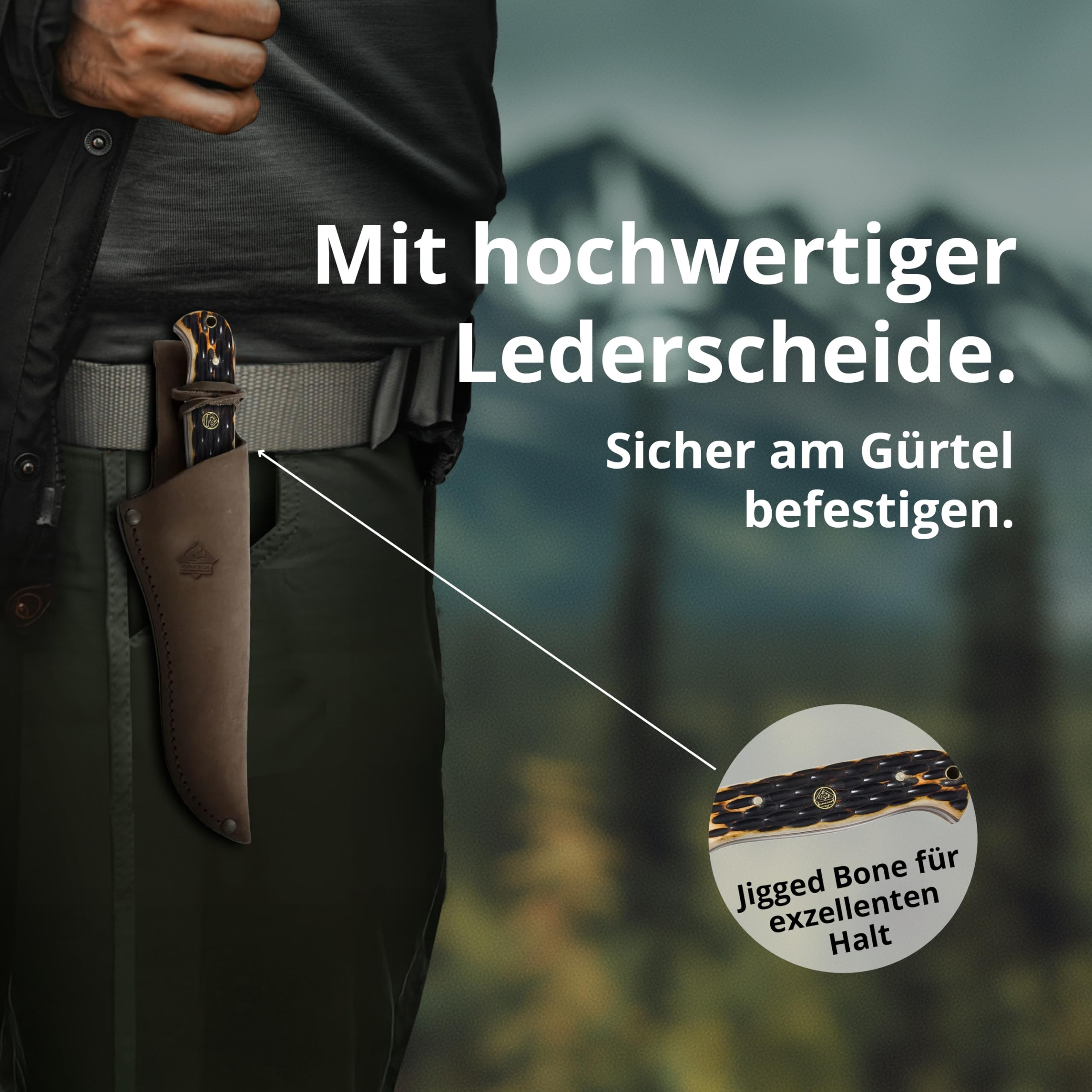 Puma SGB – Buffalo Hunter - Griffschalen aus Jigged Bone - Full-Tang Jagdmesser - 144mm Clip-Point Klinge aus deutschem Stahl (1.4116, 55-57 HRC) - Inklusive Lederscheide (Art.Nr.: 6817200B)
