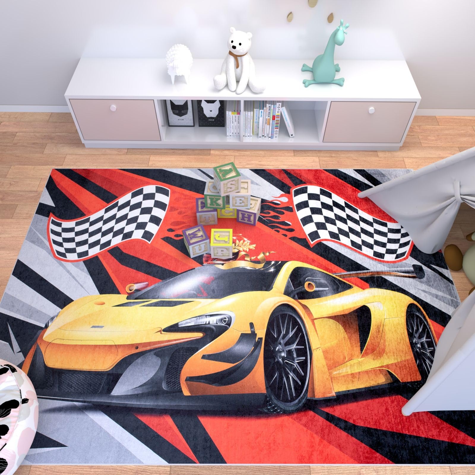 Mazovia Kinderzimmerteppich Antirutsch - Waschbar bis 30 Grad - Panda Tiere - Kurzflor Kinderteppich für Kinderzimmer - ÖKO-TEX Zertifiziert - Rot 120 x 170 cm