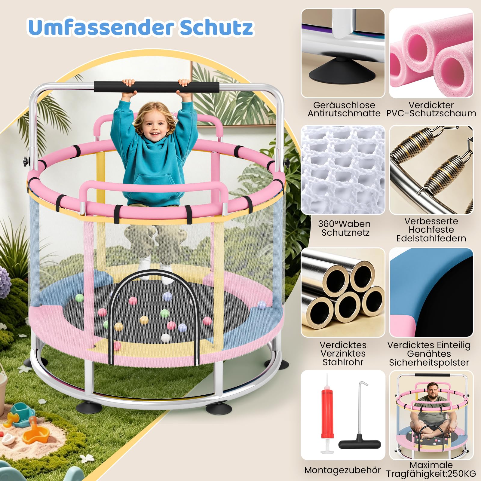 Trampolin Kinder 150cm mit Rundem Sockel und Zwei Handläufen Vorne und Hinten Outdoor/Indoor, 250kg Verstellbares,mit Andsäcken, Basketballkorb, Klimmzugstange und Hängematte für Jungen und Mädchen