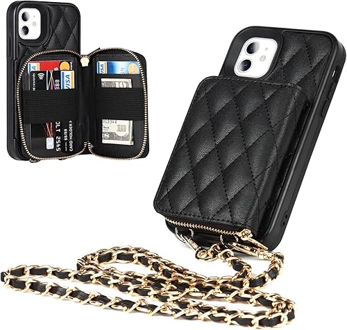 Hamany Funda tipo cartera cruzada para iPhone 11 de 6.1 pulgadas, funda protectora con soporte para tarjetas y cordón, funda tipo cartera para
