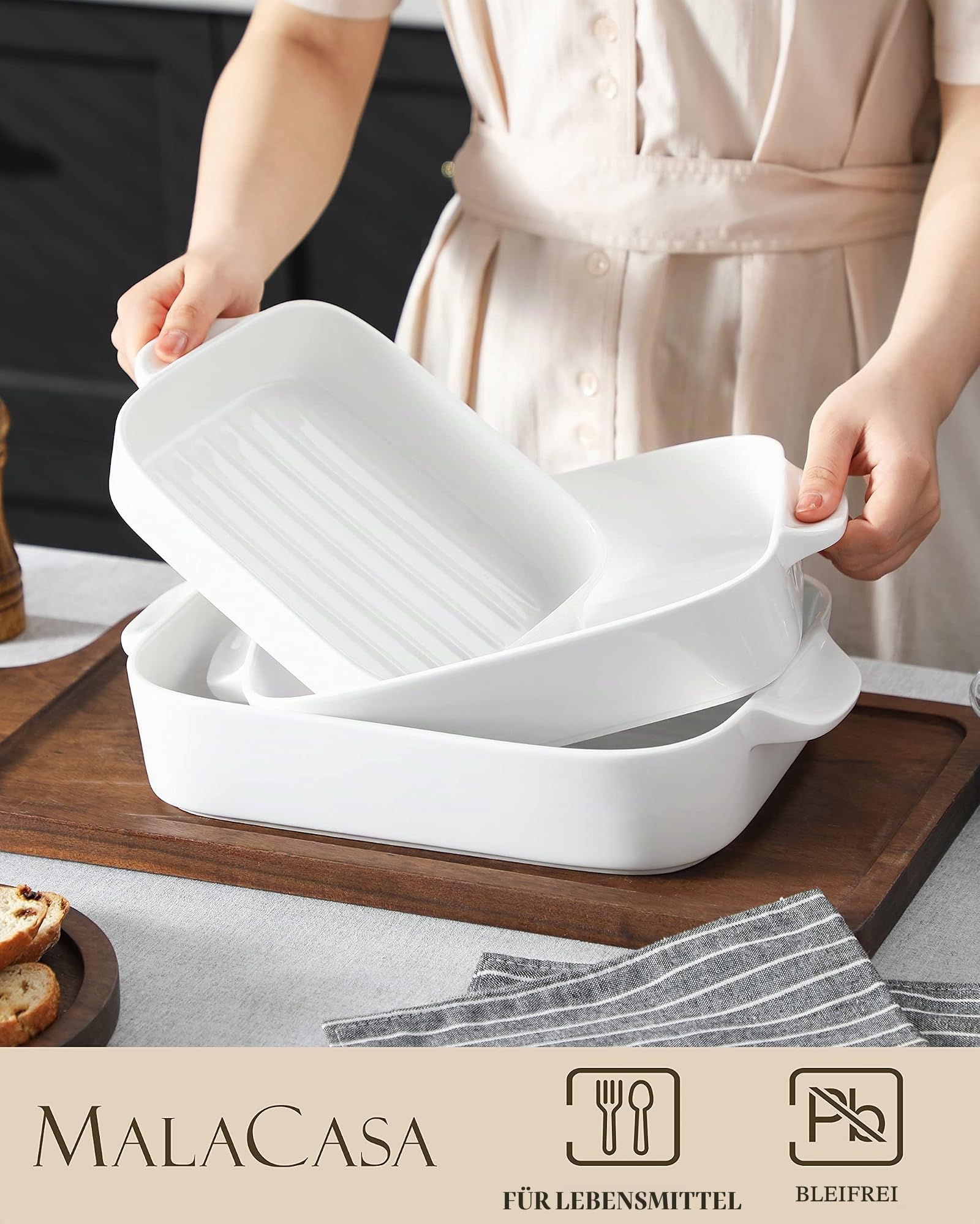 MALACASA, Serie Bake. Bake, 3 teilig Auflaufformen für den Ofen, Porzellan Backformen Set Durable Casserole Dish Set Lasagne Pan tief, Keramik Backformen Sets mit Griffen, Weiß (26cm/31cm/36cm)