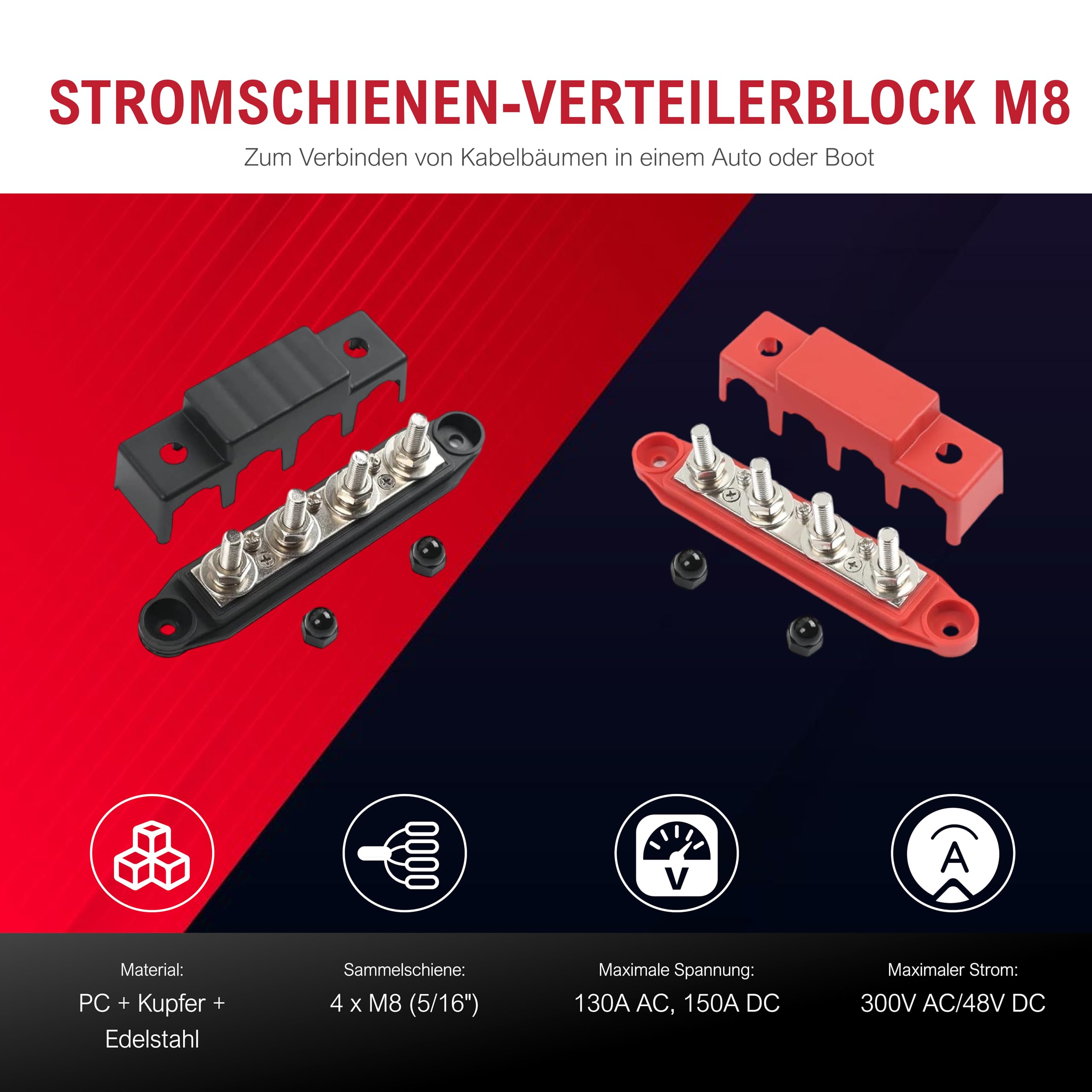 250A DC M8 Sammelschienen-Verteilerblock 12V-48V – 4x M8 Klemmenbolzen – Stromverteiler für Wohnmobile, Boote, LKW, Solaranlagen – Hochleistung