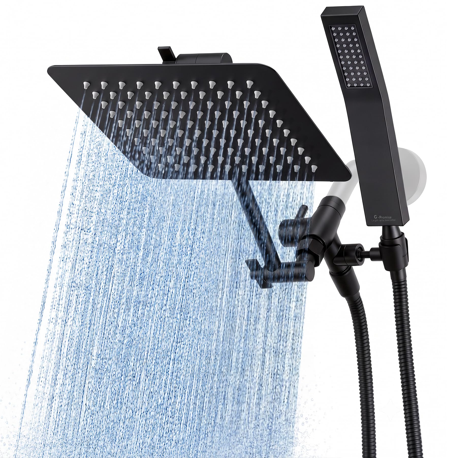 G-Promise All Metal 8 Inch Dual Square Shower Head with Handheld Combo, Rain Shower Head, Adjustable Extension Arm, Smooth 3-Way Diverter, 71 Inch Extra Long Hose - A Bathroom Upgrade (Matte Black)