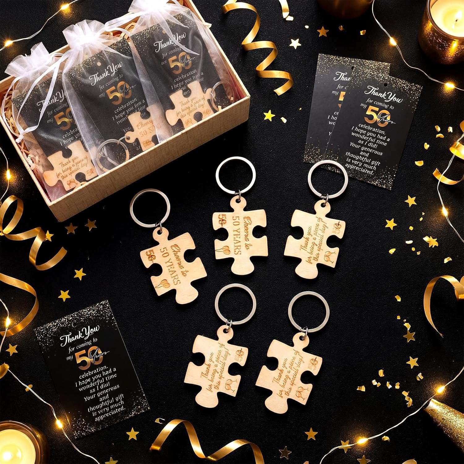 Equsion 50 Sets 50th Birthday Party Favors for Guests Rustic Wood Puzzle Keychains Bulk Cheers to 50 Years Wooden Keychains Thank You Cards with Organza Gift Bags for Birthday Anniversary Souvenir