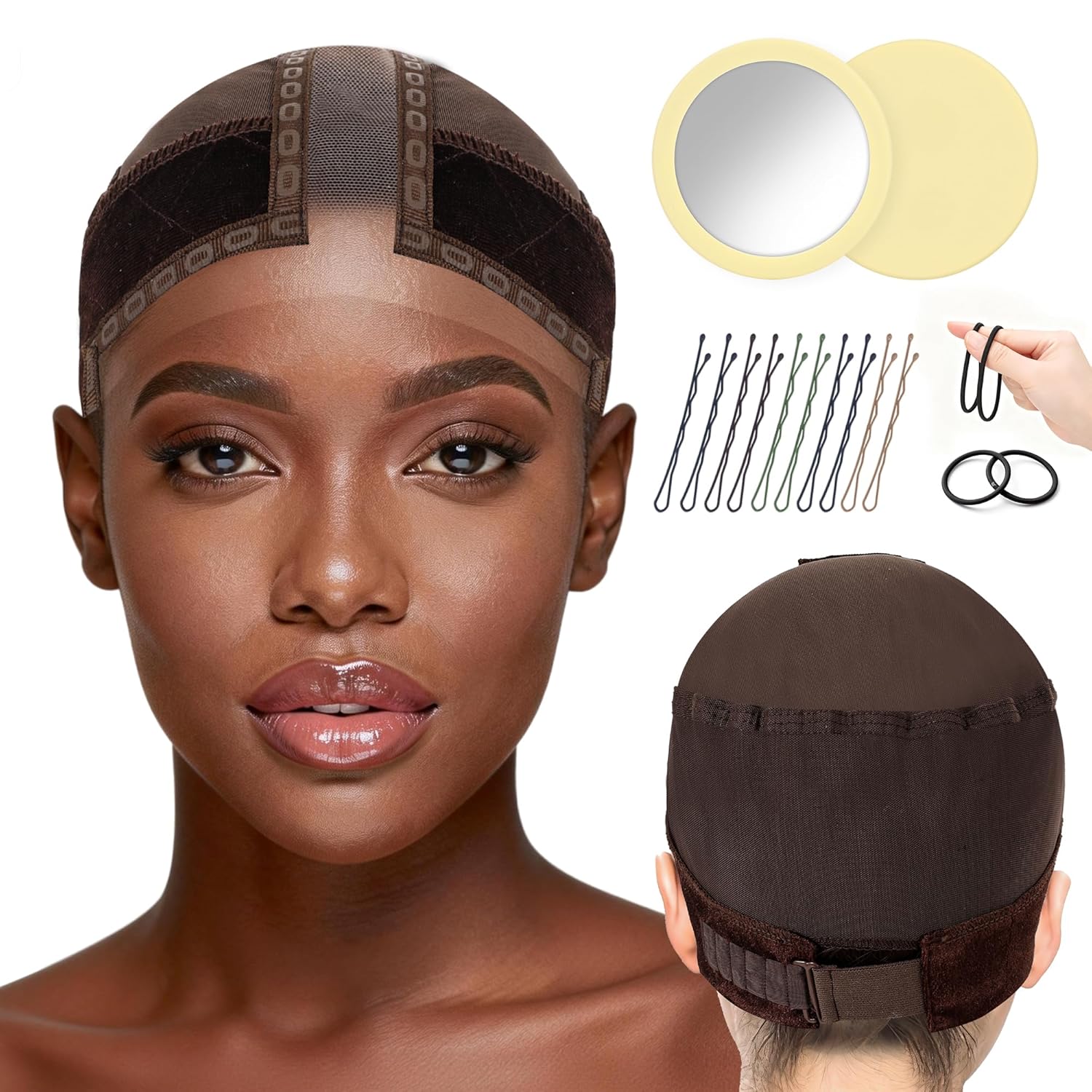 Wig Caps for Women with Elastic Bands – Mesh Nylon Adjustable Wig Cap for Lace Front Wigs with Portable Mirror & Hair Clips – Breathable Wig Cap Non Slip (Black)