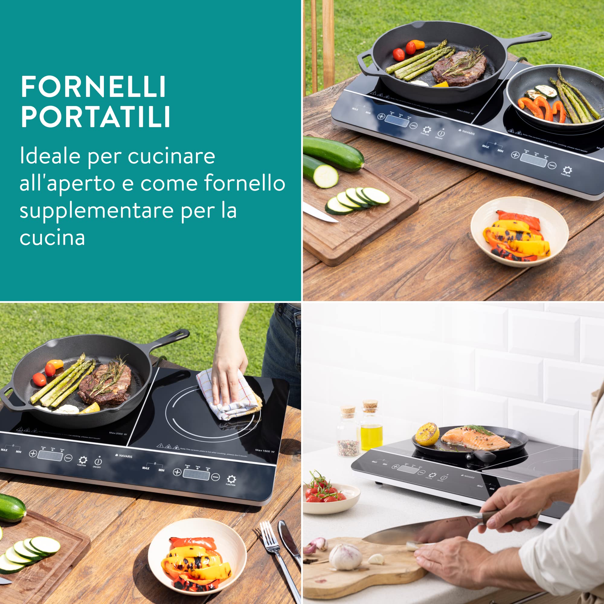 Navaris Piastra ad induzione Doppia 3500W - Piano di Cottura a 2 fuochi da Tavolo - Fornello Elettrico Doppio Portatile - Piastre Induzione con Controllo Touch Display LED