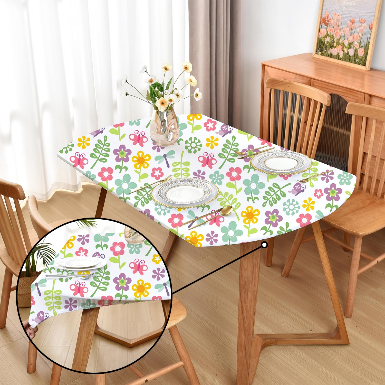Amonsa Oval Spring Cute Floral Fitted Tablecloth with Elastic 42x60 inch for Oval Tables Washable Stretchy Spandex Wildflower Fabric Table Cover Cloth Not Vinyl Table Protector — image 1