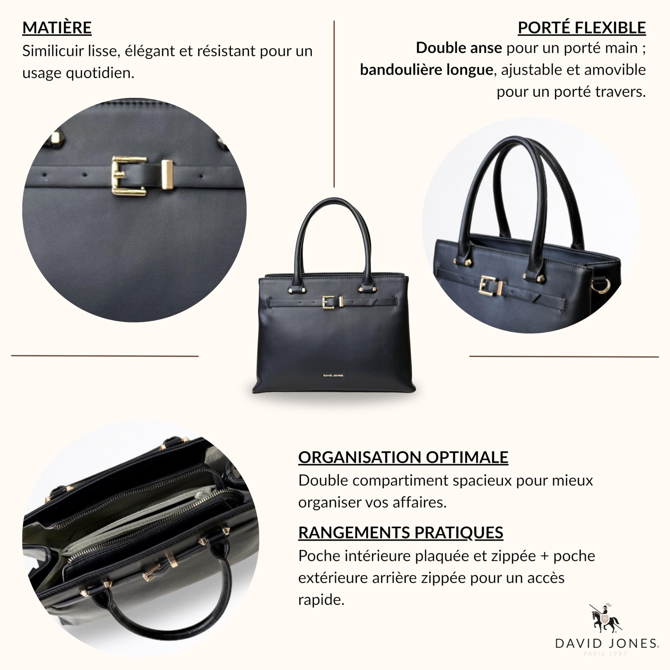 David Jones - Bolso de mano para mujer de gran formato, doble compartimento, piel sintética lisa, bandolera extraíble, bolsillos con cremallera