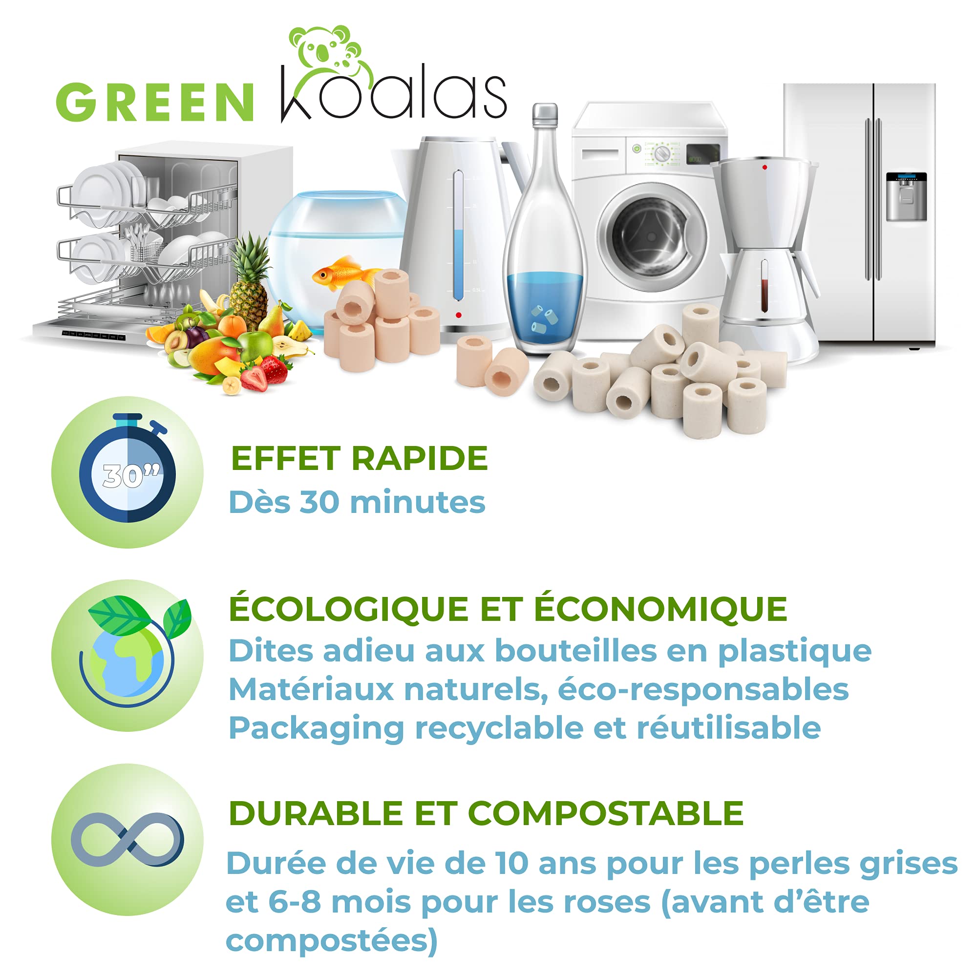 50 Perles de Céramique EM® Roses X30 + Grises X20 Pack Purificateur Naturel Filtration Eau du Robinet Carafe Fontaine Gourde Machine à café Bouilloire Billes filtre anti calcaire chlore