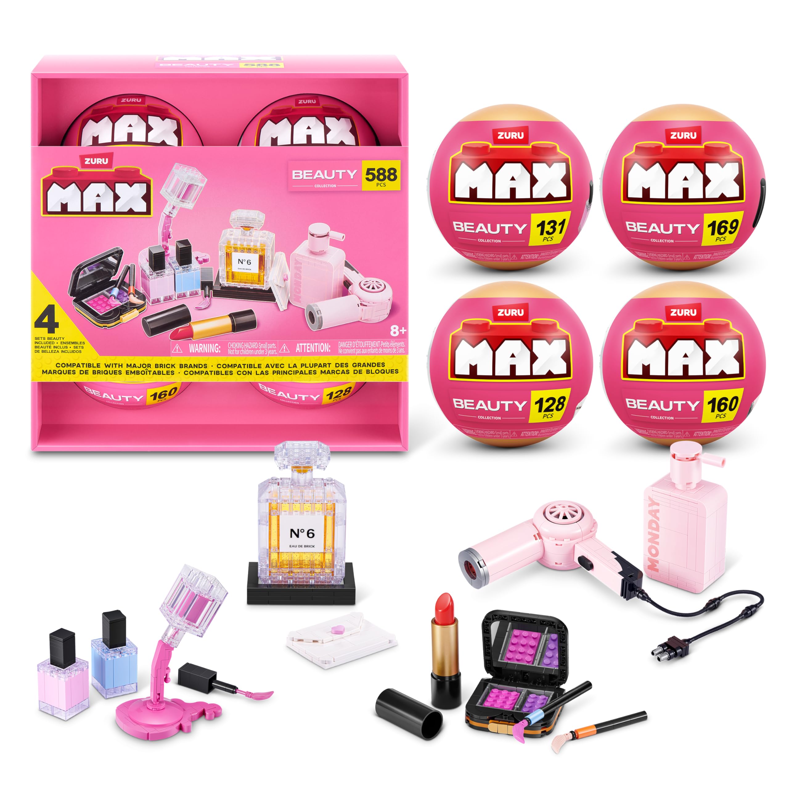 Max Build More Premium Beauty Collection 4 Pack by ZURU - Novelty Unboxing Toy & Building Brick Collectible Minis with up to 169 Pieces, Stylish Designs to Build & Display, Ages 8+