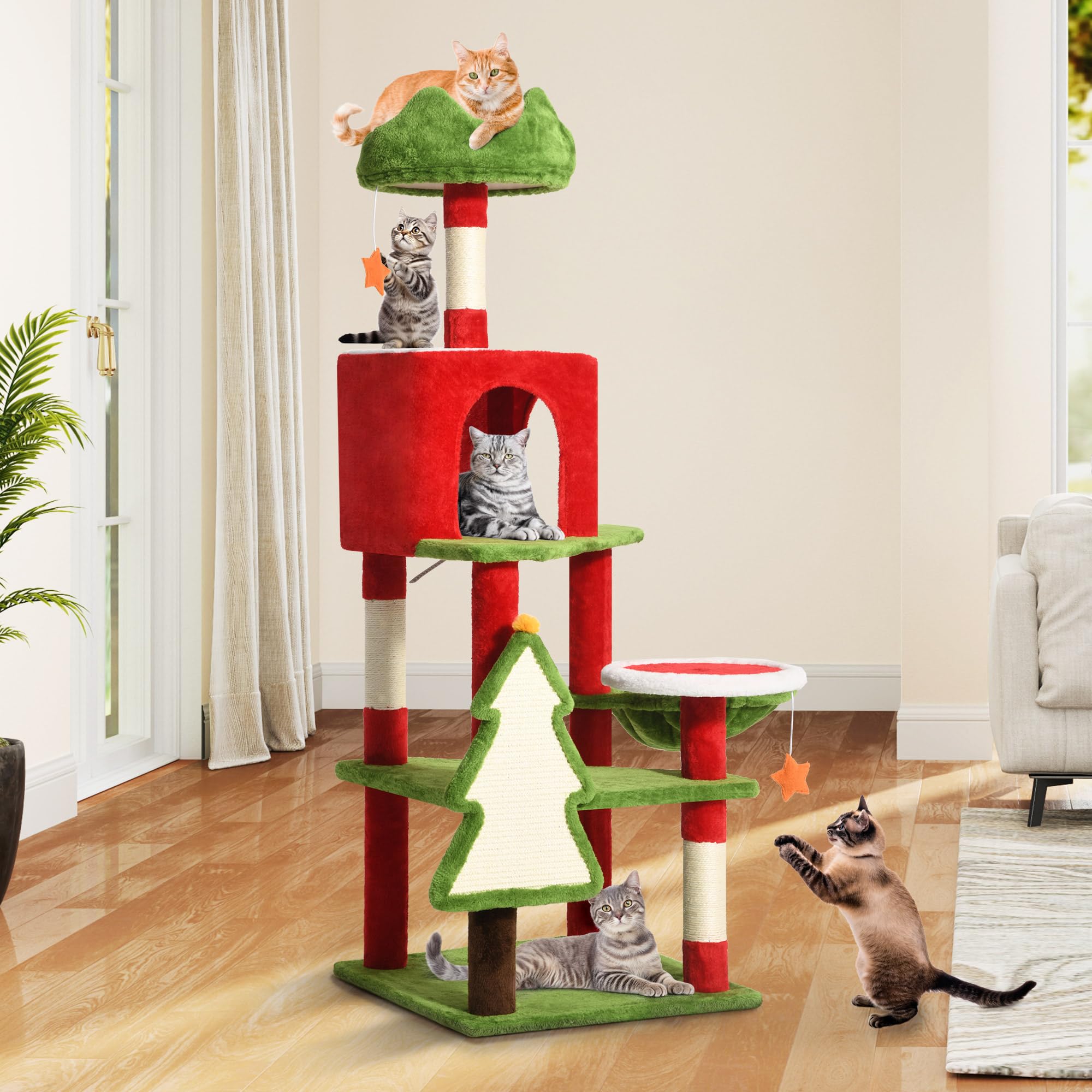DWVO 54in Christmas Cat Tree Tower, Cat Tree House with Plush Perches & Sisal Scratching Posts, Kitty Tower Tall for Cats to Play and Sleep