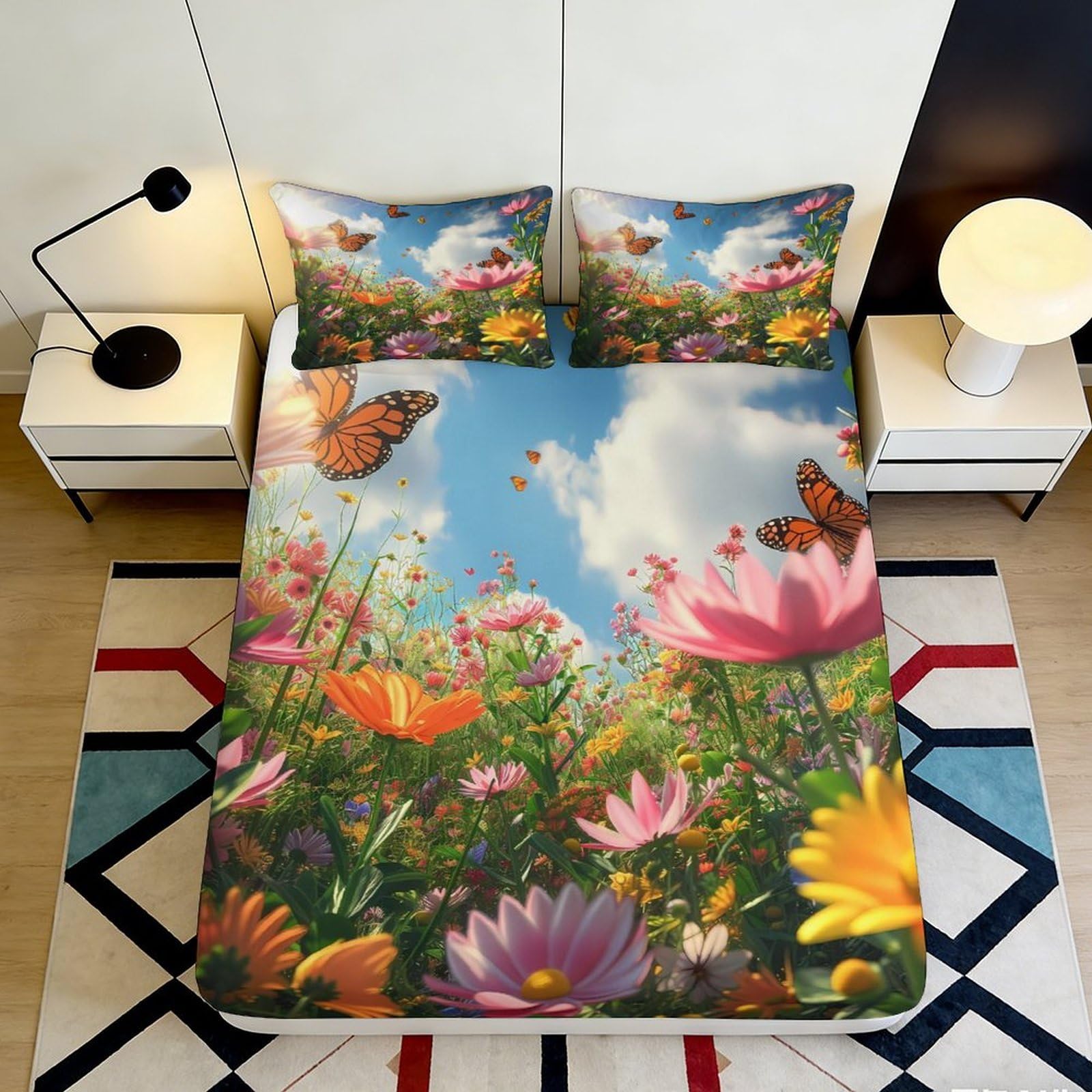 3D Printed Wildflower Meadow Fitted Sheet Microfiber Soft Butterfly Sky Mattress Cover for Bedroom Guest Room Decor 200x200x25cm