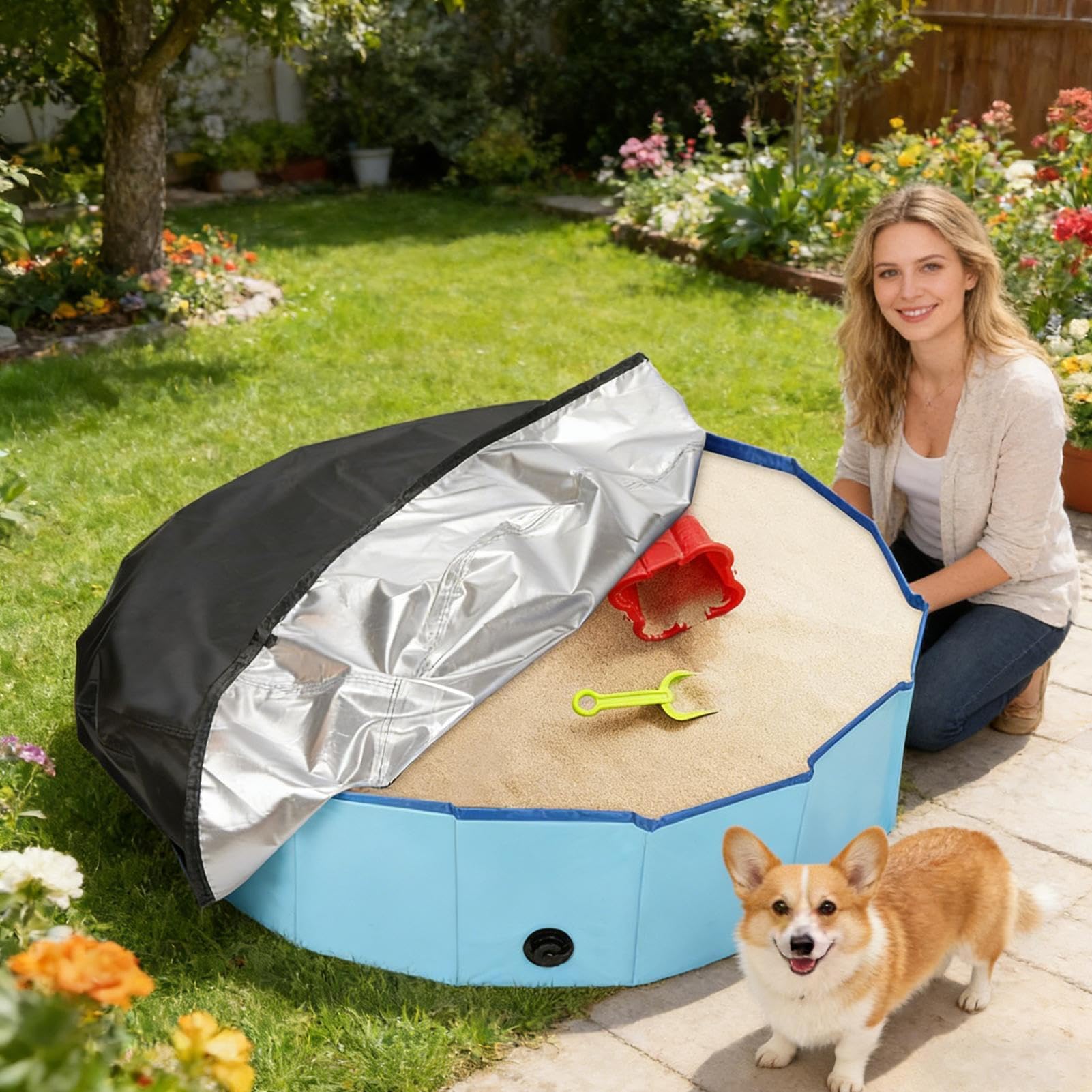 Cubierta plegable para alberca para perros, tela Oxford redonda a prueba de polvo con diseño de cordón para higiene y entrenamiento al aire libre, ideal para bañarse en césped, jardín y patio