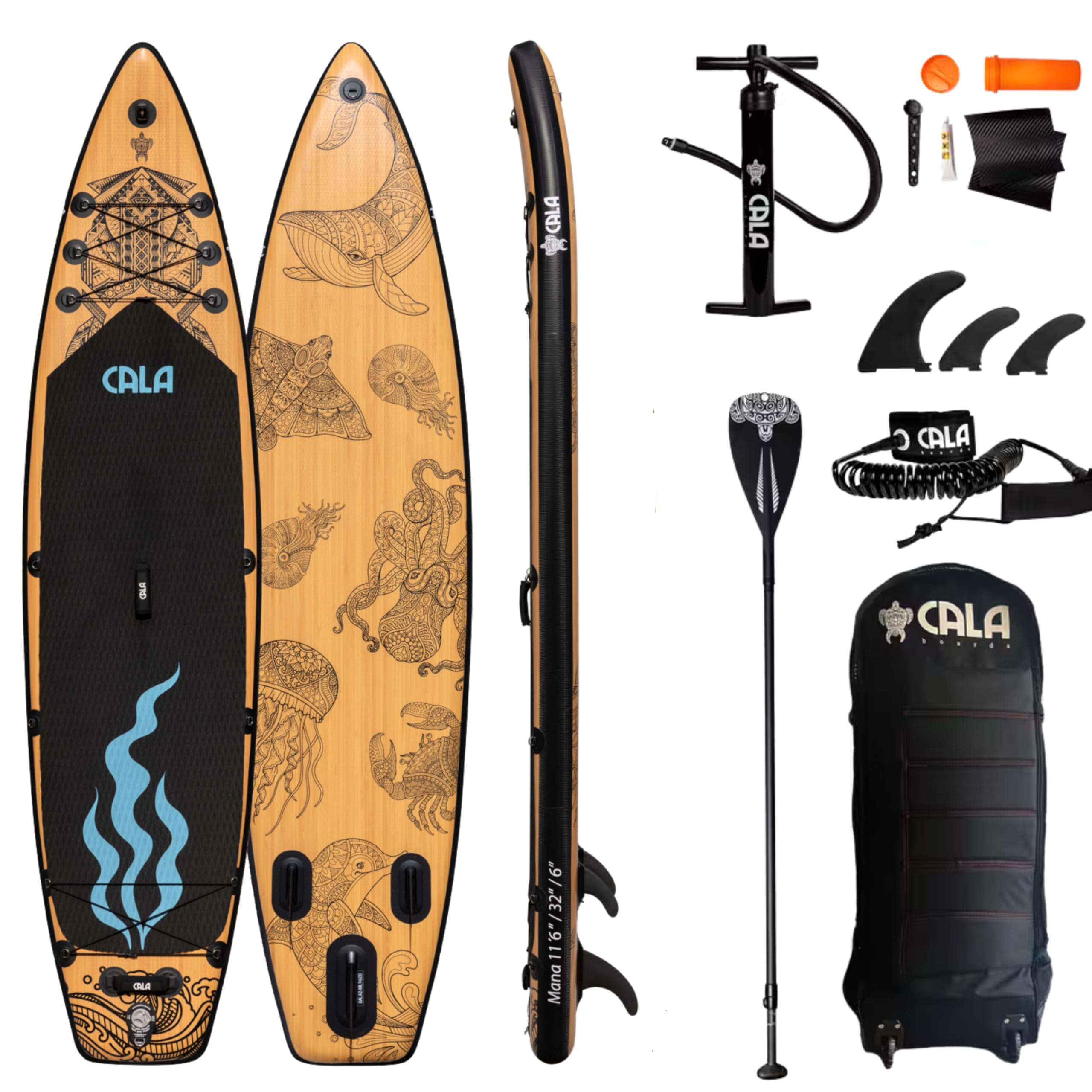 CALA 2026 Stand-Up-Paddling Board Set im Rucksack-Trolley, i-SUP aufblasbar, Robustes Surfboard mit Seegras-Anteil, leichtes Voll-Carbon Paddel, Reparatur Kit, Pumpe, 3 abnehmbare Finnen, Ventil