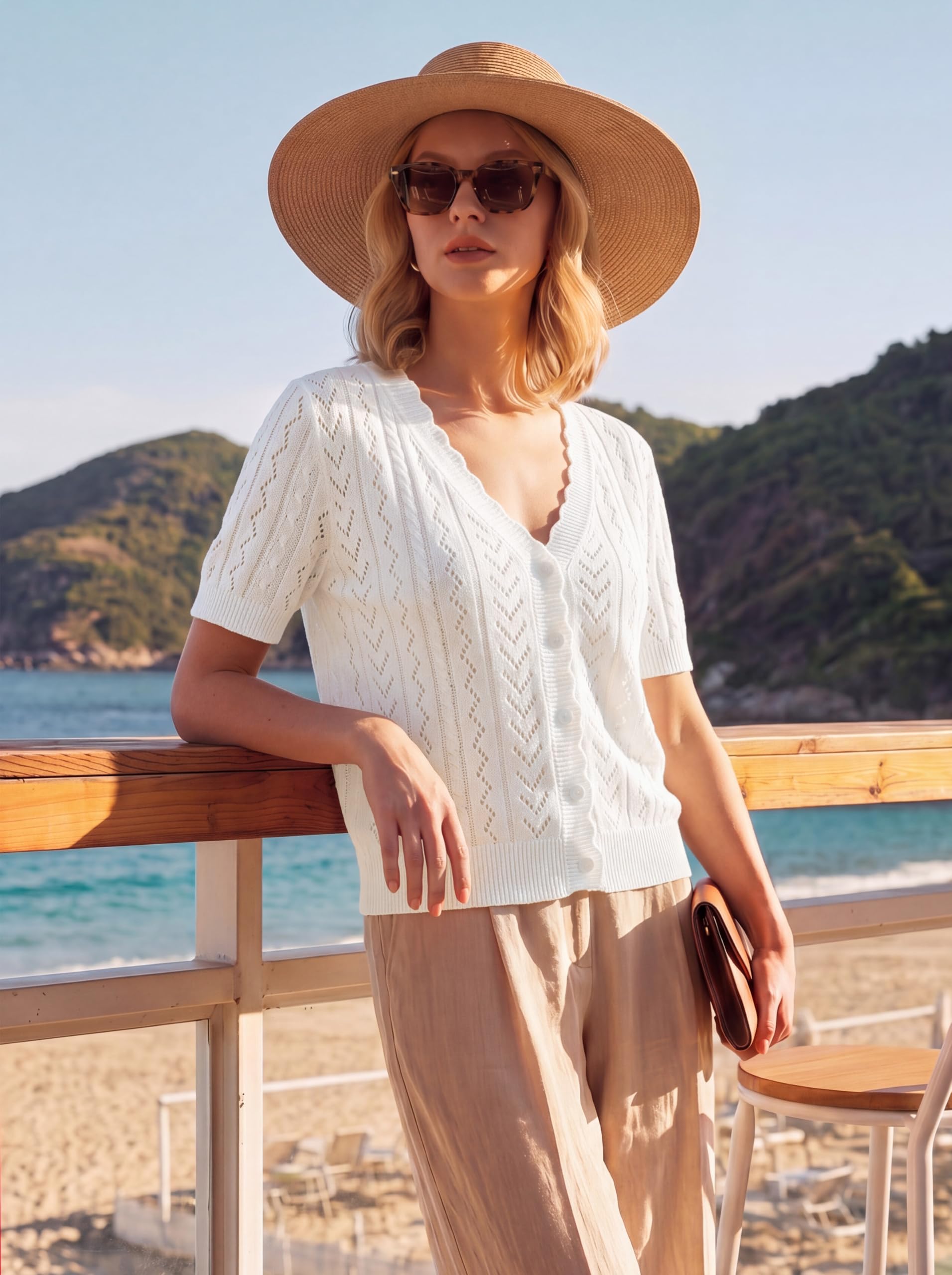 Newshows Cardigans Mujer Manga Corta Verano Ligero Chaqueta de Punto Crochet Cuello V Bolero Shrugs Top para Vestido